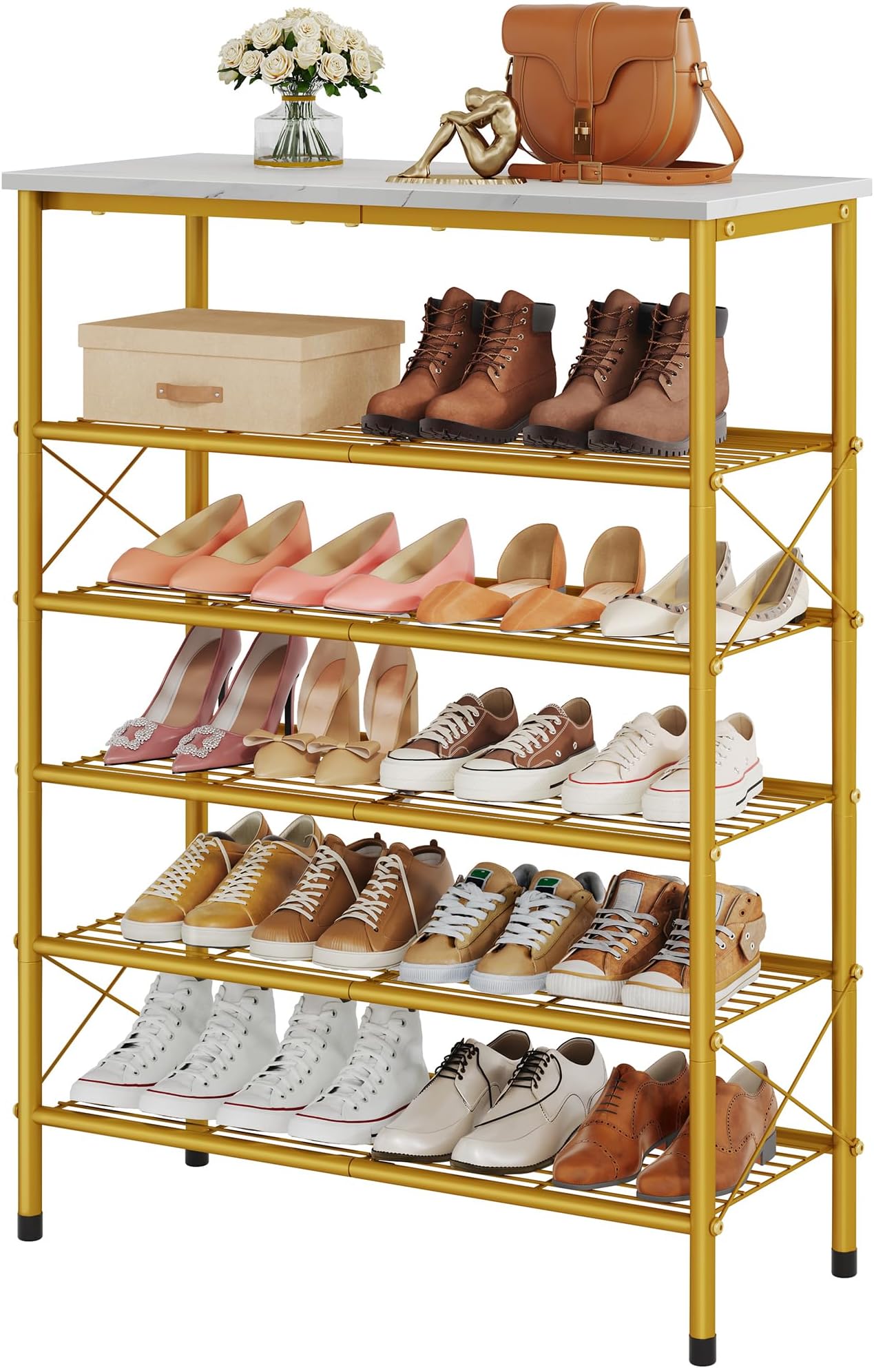 Tajsoon 6 Tier Shoe Rack Organizer for 20-24 Pairs of Shoes, Metal Mesh Shoe Shelf for Closet, Industrial Shoe Rack for Entryway Shoe Storage with X Shape Fixed Frame, White & Gold