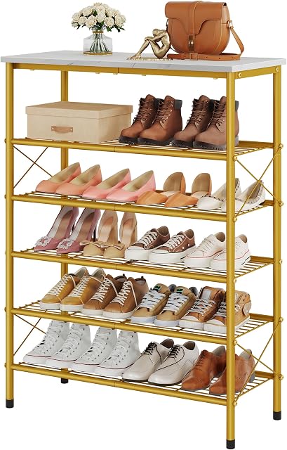 Tajsoon 6-Tier Shoe Rack Organizer, Industrial Shoe Rack for Closet Entryway, Metal Mesh Shoe Storage Shelf with X Shape Fixed Frame, Rustic White and Gold
