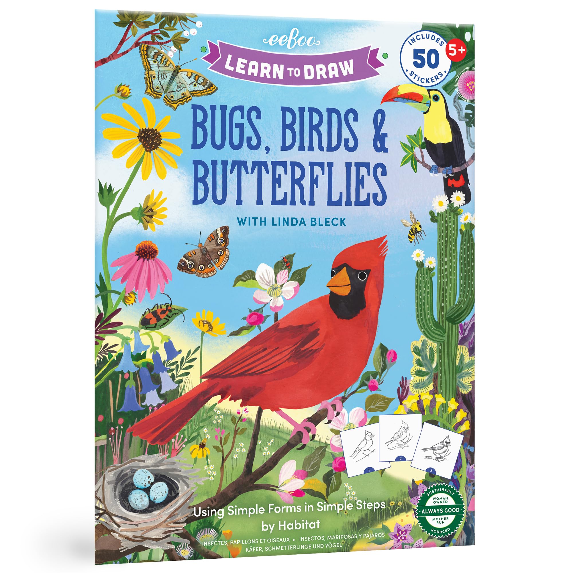 eeBoo: Learn to Draw - Bugs, Birds & Butterflies - 32 Page Activity Book & 50 Stickers Set, Fun Nature-Themed Step-by-Step Drawing & Coloring, Kids 5+