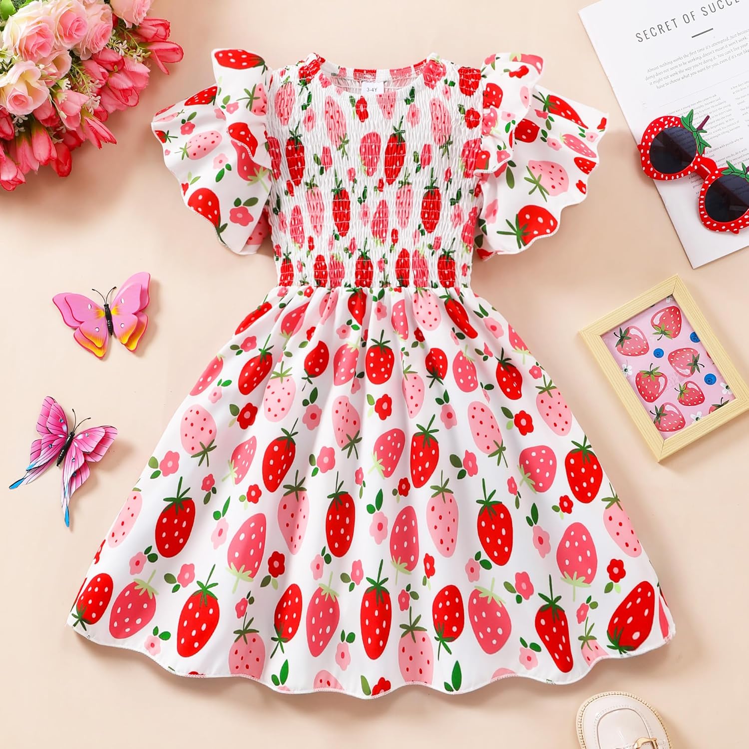 Little Girls Dress Ruffle Sleeve Floral Smocked Dresses Kids Casual Outfits Toddler Summer Tiered Boho Sundress 2-7T - Image 3