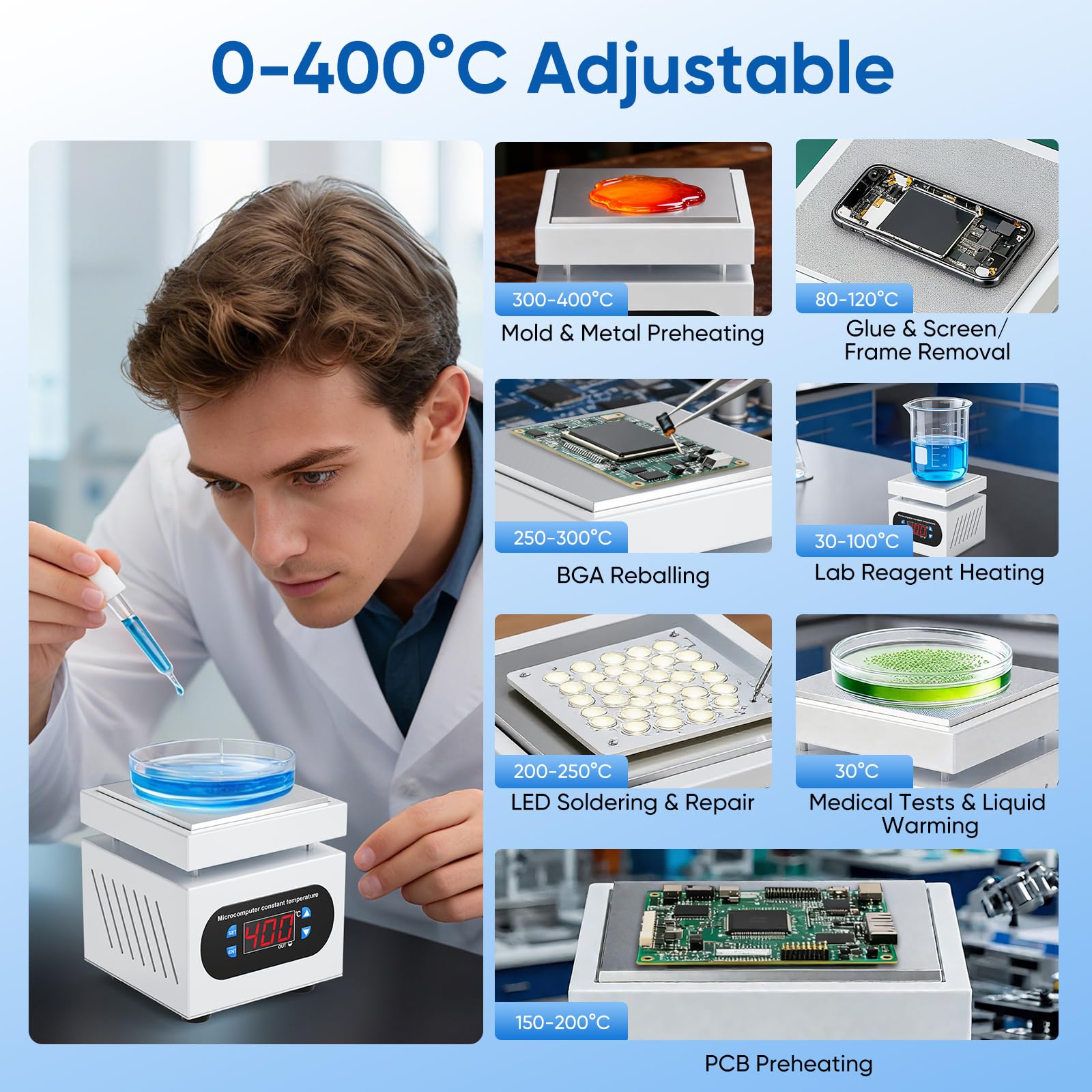 Station de chauffage PCB - 350 W - Plaque chauffante électrique - 100 x 100 mm - 0-400 °C - Station de préchauffage - Micro-ordinateur LED - Préchauffage électrique - Pour réparation d'écran et