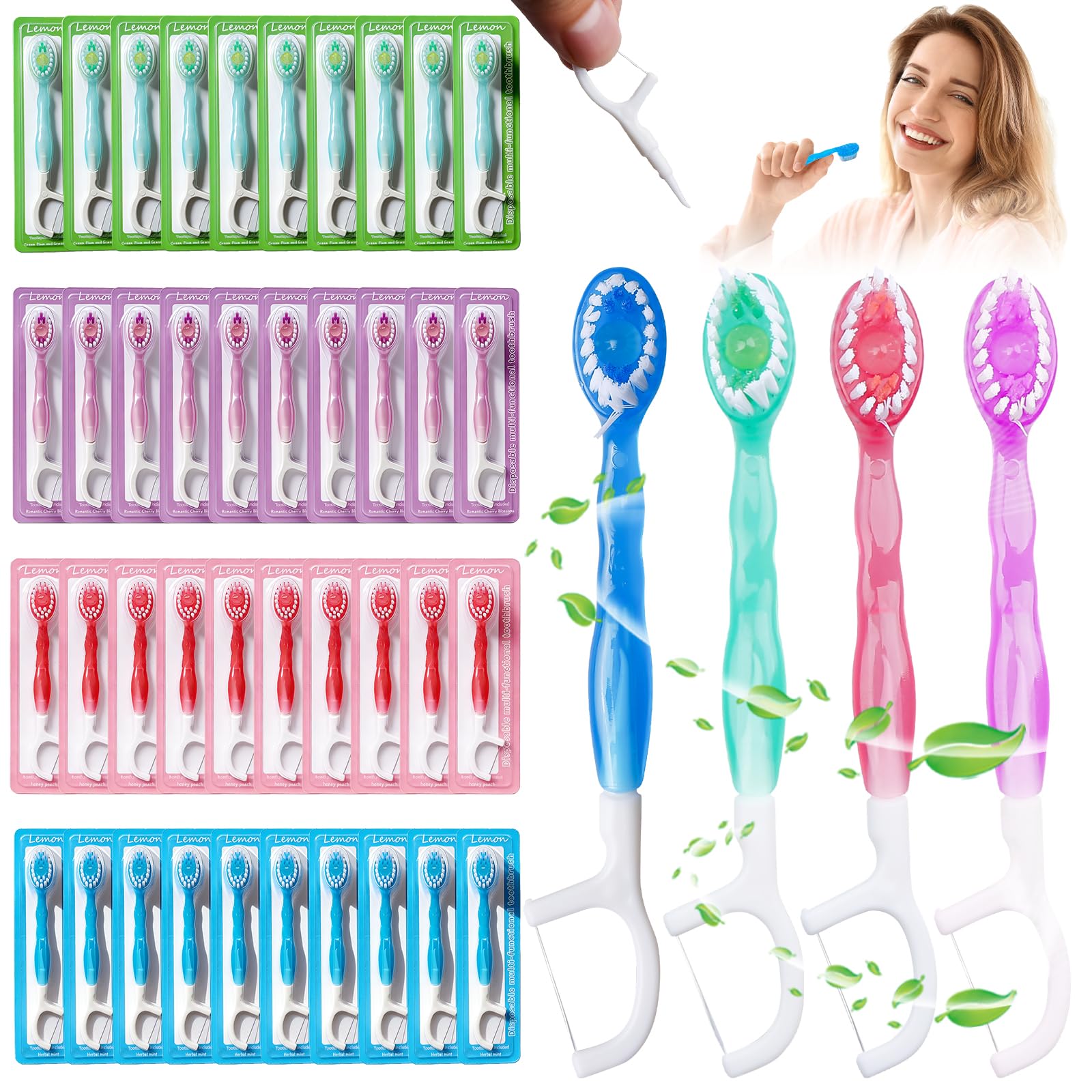 Lote de 40 mini cepillos de dientes desechables 4 en 1 con pasta de dientes, botones, raspador de lengua, hilo dental, pasta de dientes para viajes, camping, paseos, sabor mixto