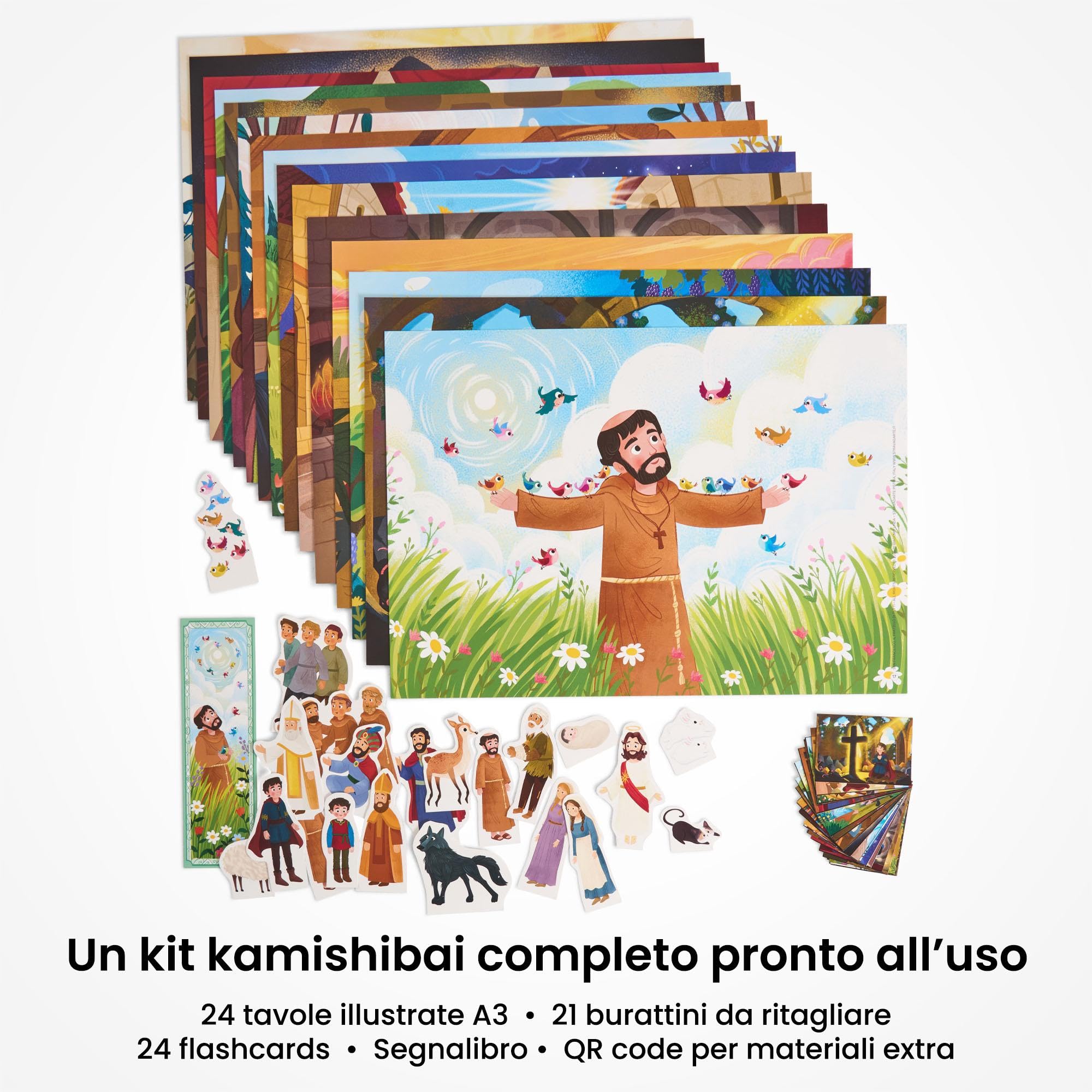 San Francesco, il fratello di tutti. Racconto della vita ispirato alle fonti francescane. Storia kamishibai. Ediz. italiana e inglese. Con burattini. Con flashcards. Con materiali educativi stampa...