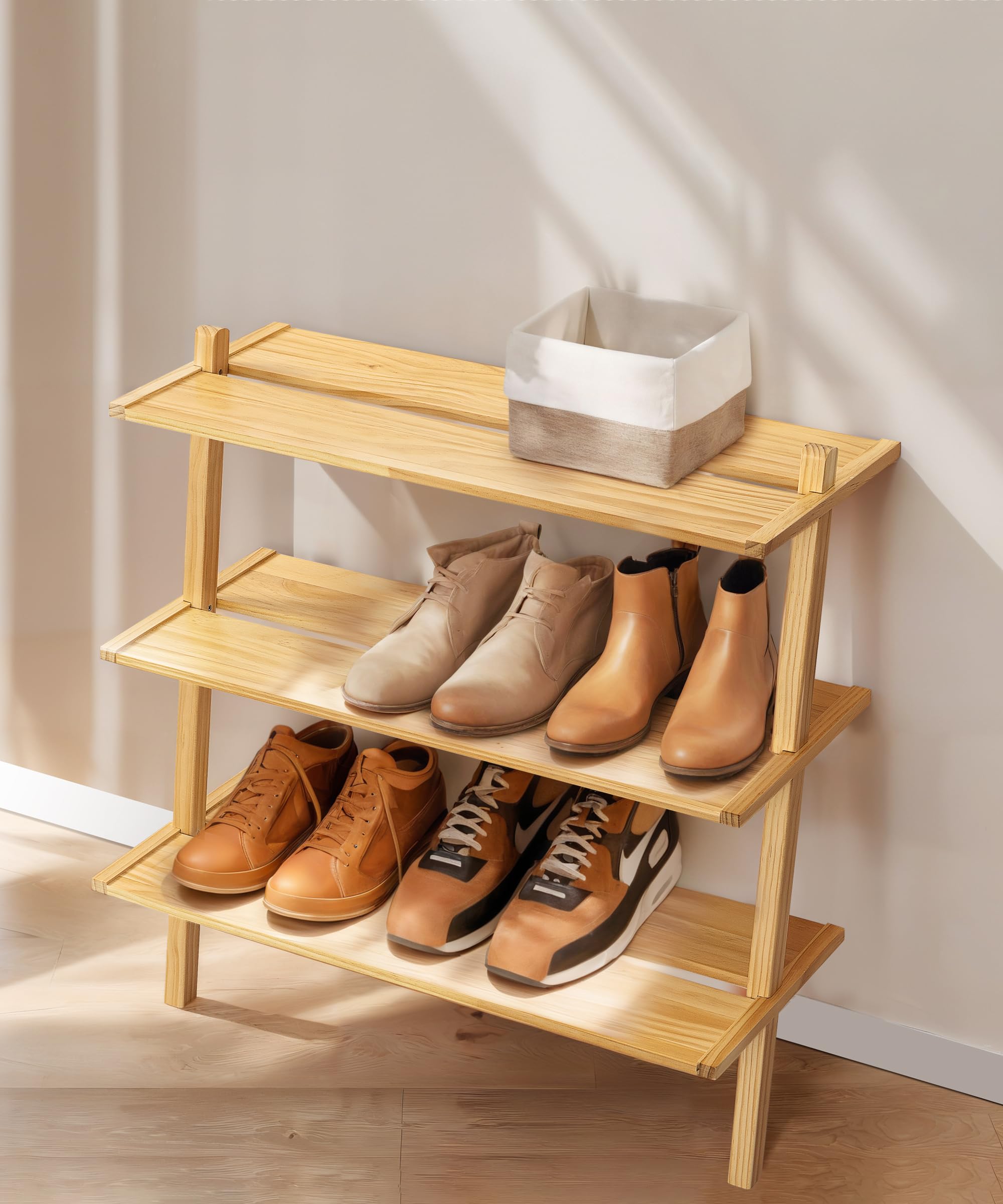 SUMGARWooden Shoe Rack 3 Tier, Shoe Shelf Storage Organizer Pine Solid Wood for Closet Front Door Entryway Heavy Duty Shoe Stand for Narrow Spaces Entrance Hallway Bedroom Porch