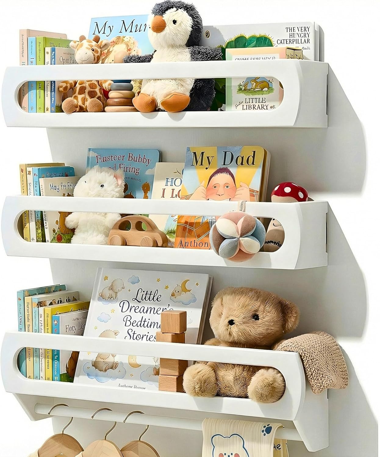 Nursery Book Shelves, Premium Bamboo Wood, Fully Assembled - Nursery Decor, Book Shelf for Kids Rooms, Multi-Use Floating Shelves for Wall with Hanger Bar, Set of 3 (Natural, 23 Inches)