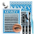 KEVKEV Lash Clusters Kit 144pcs Lashes Clusters 8-18mm Lash Extension Kit Thin Band Eyelash Extension Kit Lash Clusters with Lash Bond and Seal Lash Tweezers DIY Lash At Home(Kit-K01)