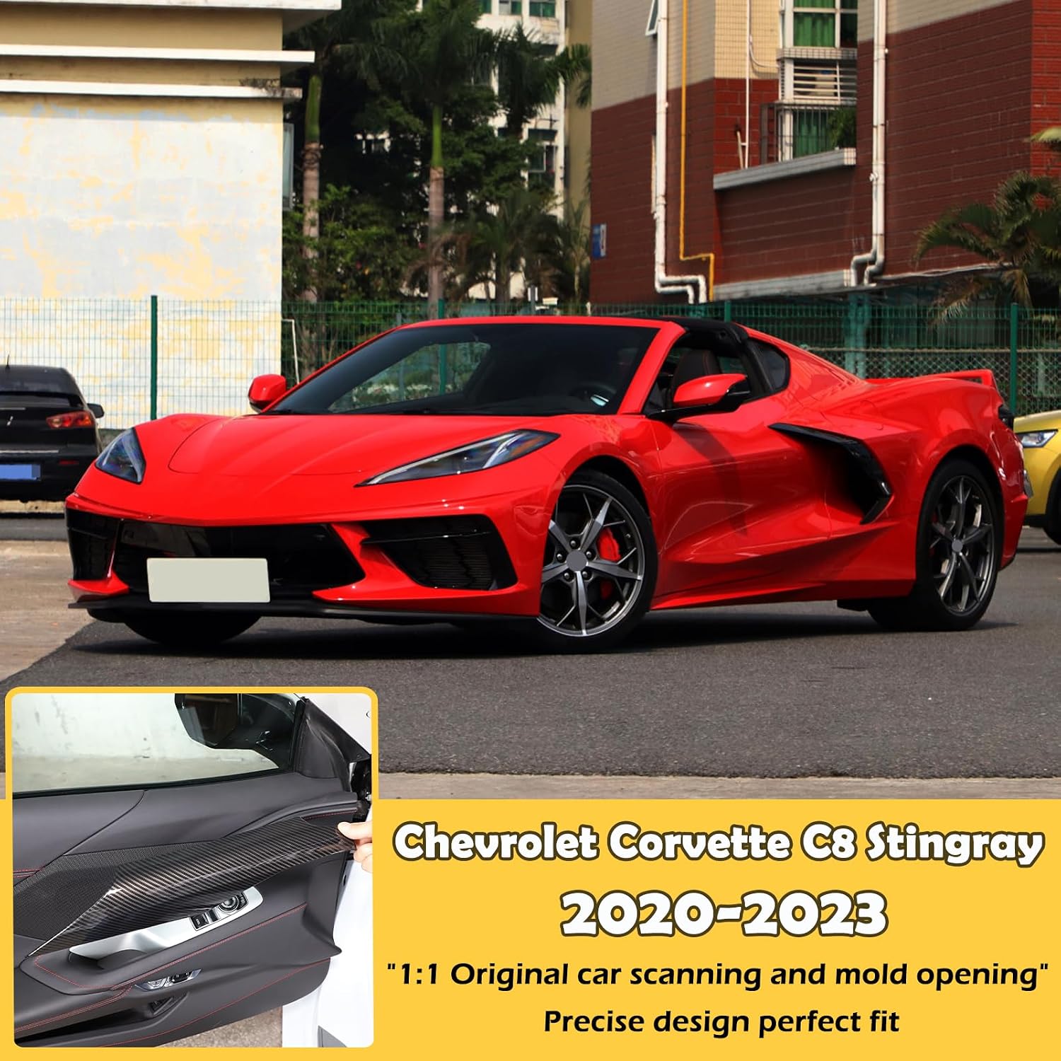 CHEAYAR Inner Side Door Panel Strip Cover Trim Compatible with Chevrolet Corvette C8 Stingray 2020-2023, ABS Inner Door Panel Trim Sticker, C8 Accessories (Carbon Fiber Pattern)