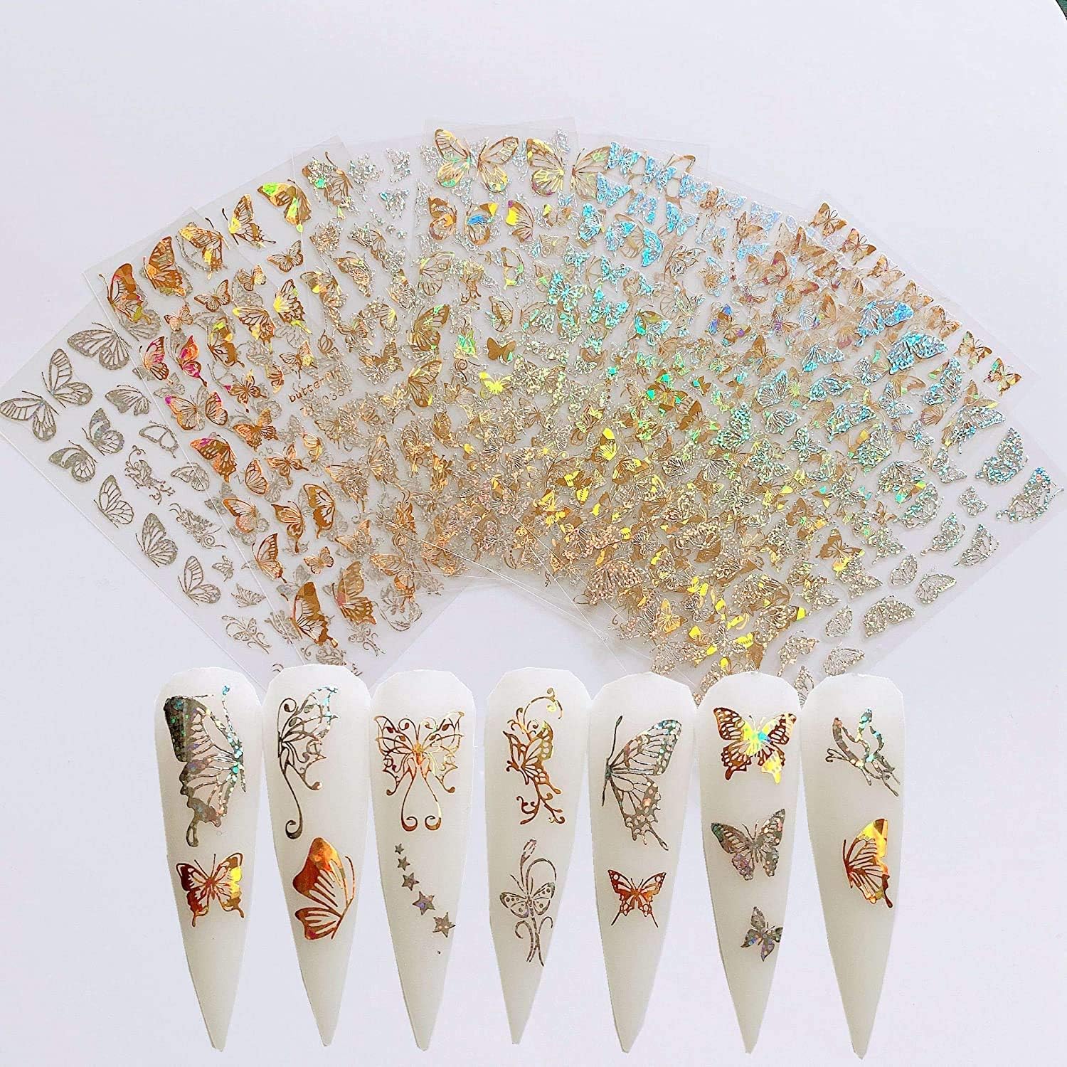 Butterfly Nail Art Stickers Decals Nail Art Supplies 3D Self Adhesive Laser Gold and Silver Butterfly Design for Nails Supply Designer Nail Stickers Butterflies Foil Decoration for Acrylic Nails 8 Pcs