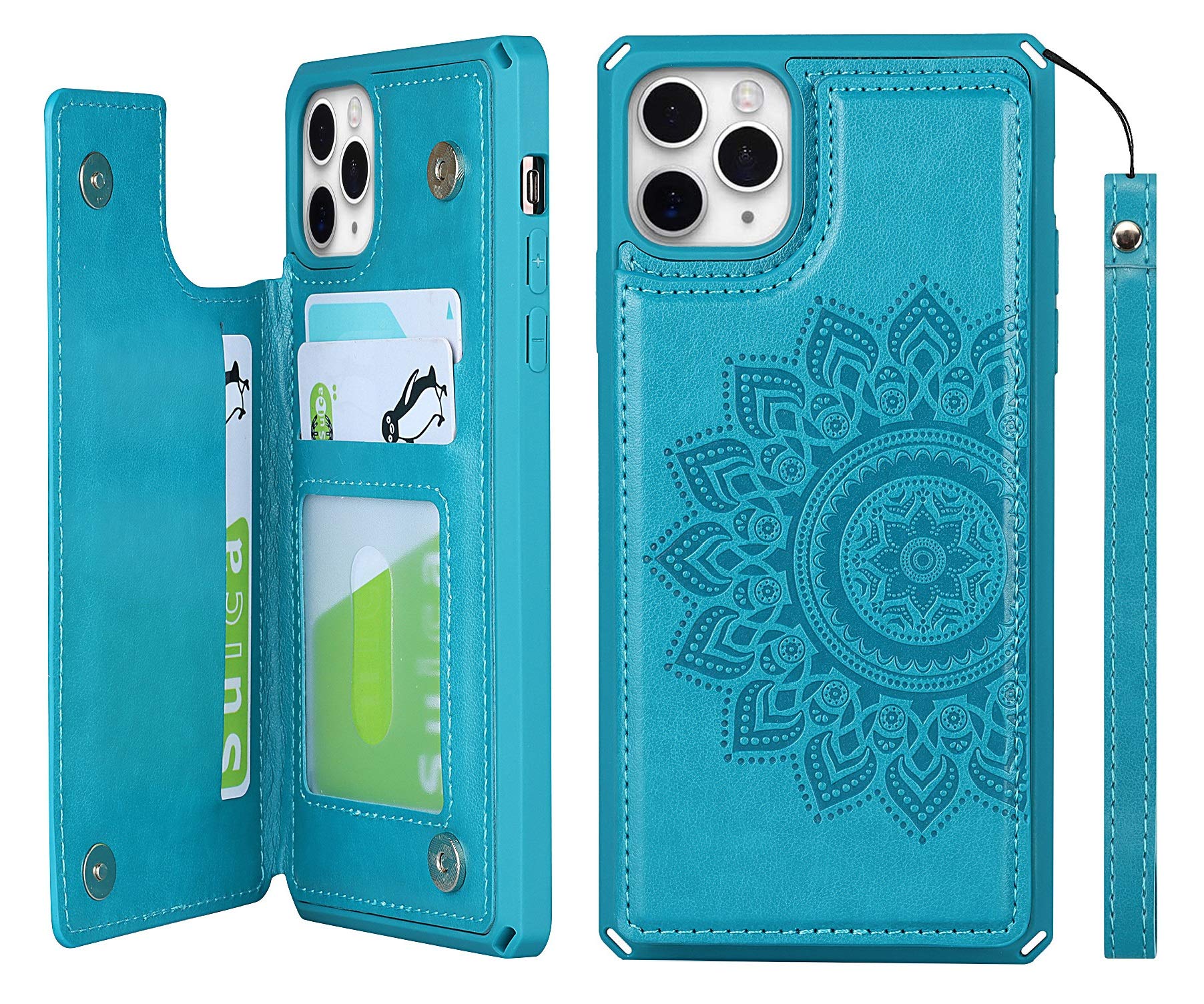 iCoverCase for iPhone 11 Pro Wallet Case with Card Slots Holder and Wrist Strap [RFID Blocking] Embossed Leather Kickstand Magnetic Clasp Shockproof Case for iPhone 11 Pro 5.8 Inch (Mandala Blue)