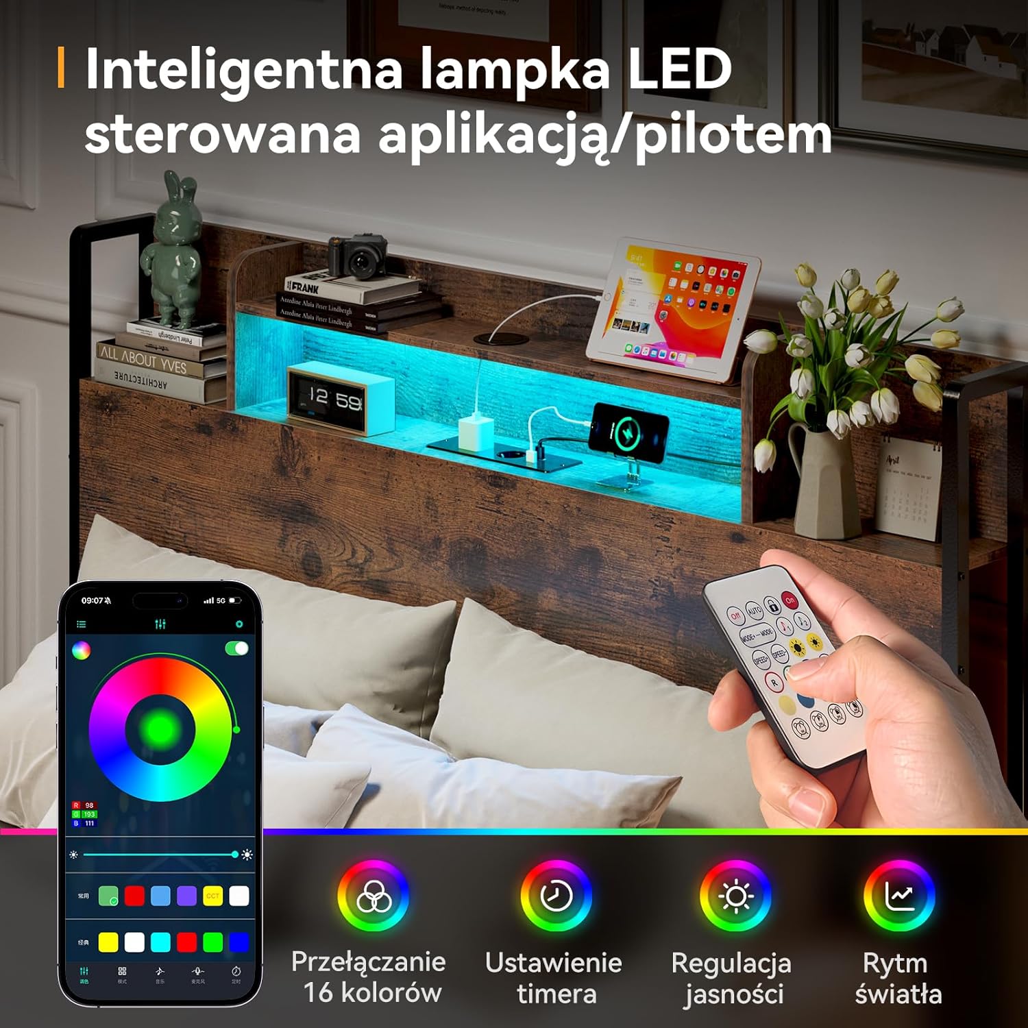 ODK METAL BED FRAME 140x200 WITH LED LIGHTS AND POWER STATION