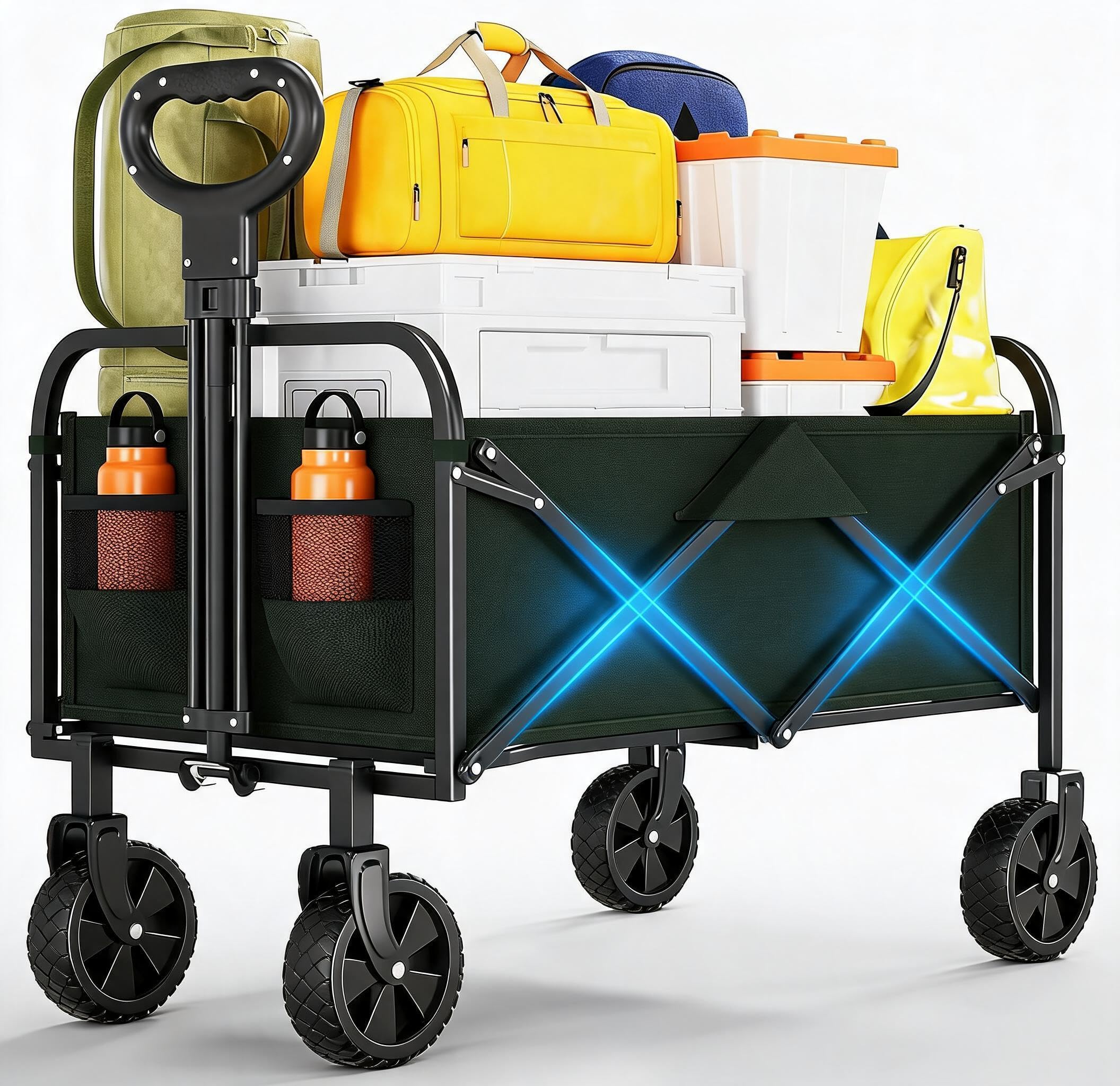 Bollerwagen Faltbar Mit Bremse,Handwagen Faltbarer 220L 172Kg 360° All-Terrain Reifen,Seitentasche,Handwagen Mit Verstellbarem Griff Perfekt Gartenwagen Reisebuggy Campingwagen Strandwagen