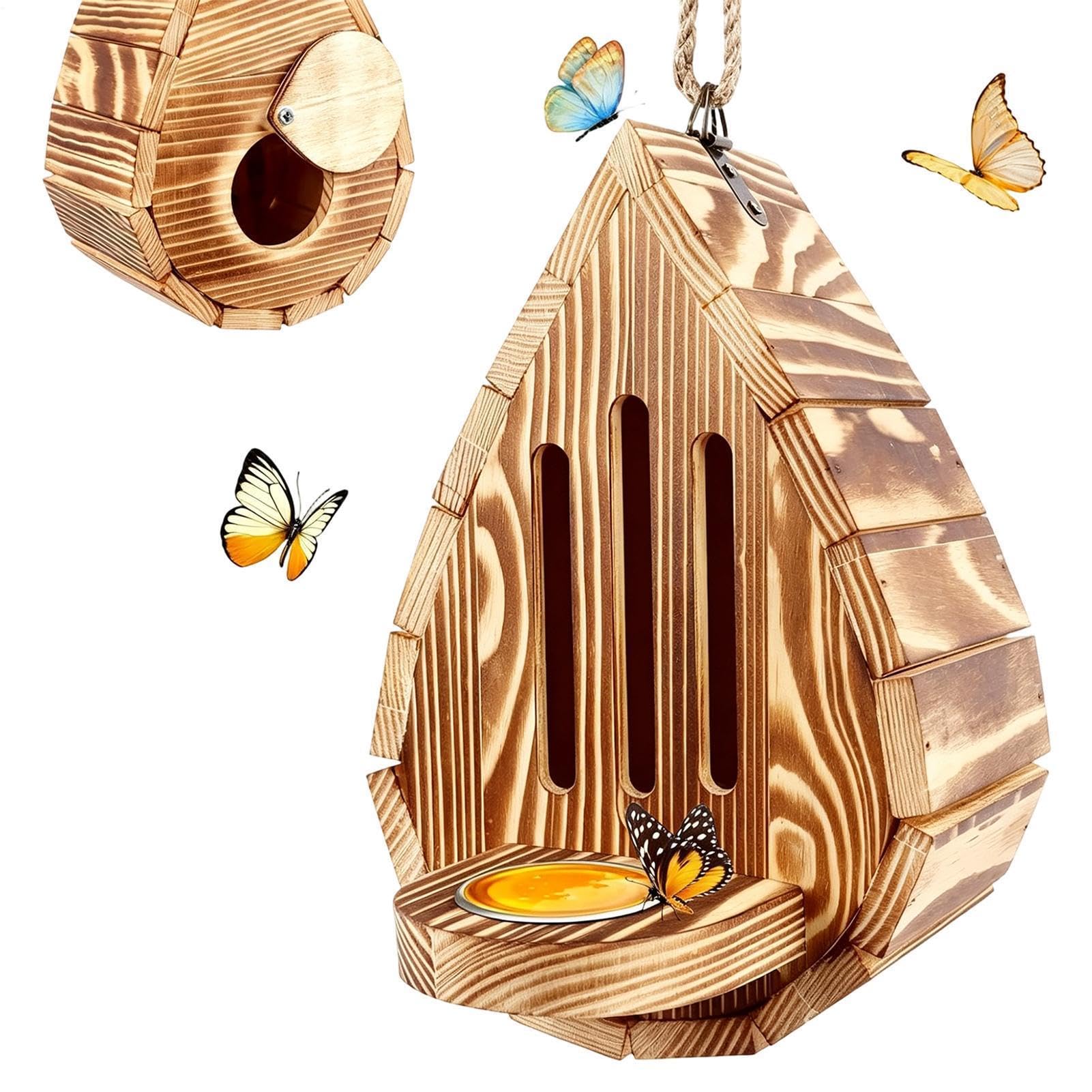 Wooden Butterfly House for Garden, Butterfly Feeder Habitat, Hanging Butterflys Habitat with Water Container, Supports Breeding for Outside Backyard Balcony Yard