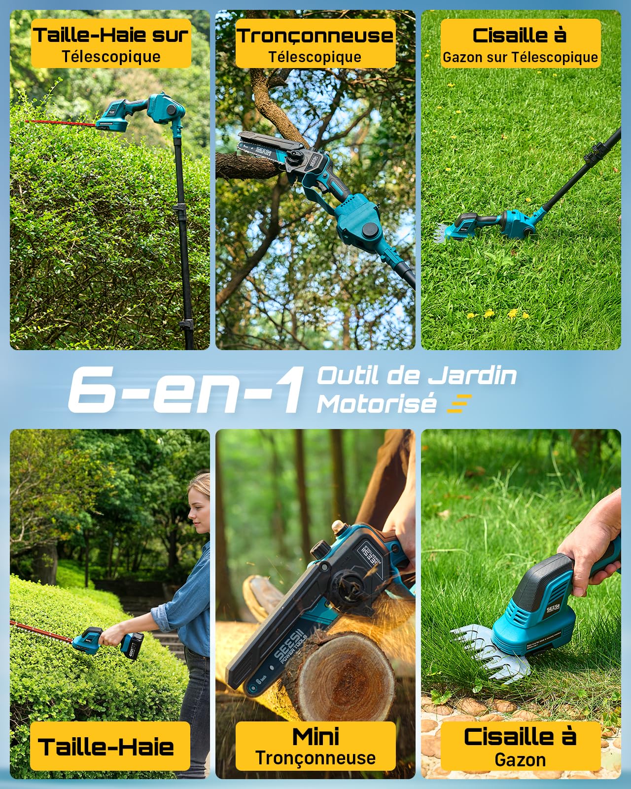 SEESII 6-en-1 Mini Tronçonneuse & Taille-haie, avec 2 * 4000mAh Batteries, Tronconneuse Electrique à Perche Télescopique, Portée Maximale Jusqu'à 4,57m, à 30 ML Bouteille d'huile