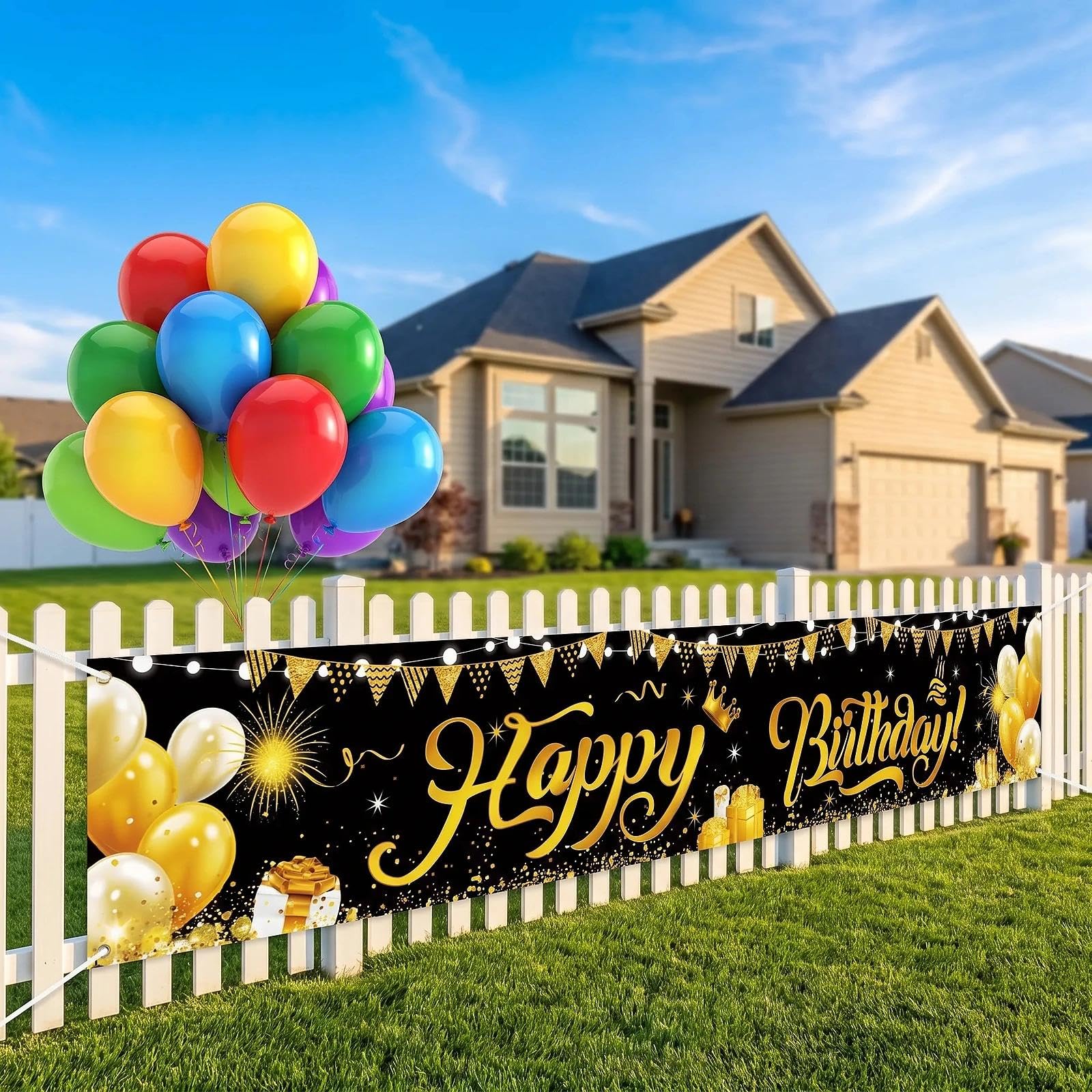 HUANYO Large Happy Birthday Banner, Colourful Happy Birthday Garden Banner for Girls/Boys, Big Outdoor Party Decor Sign for Kids/Teenagers/Adults, 300x50cm (black gold)