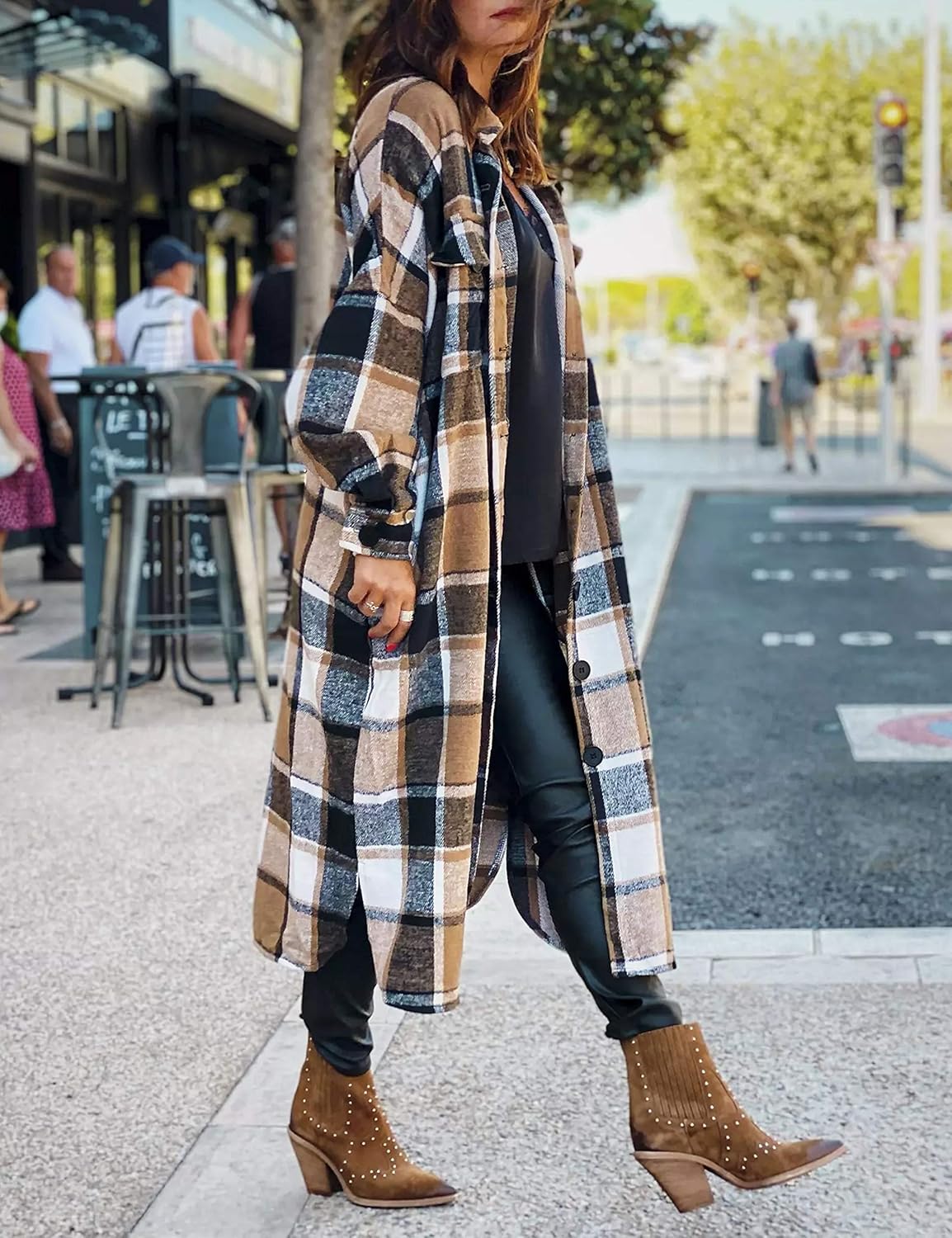 UANEO Plaid Coat Women Button Down Long Plaid Jacket Fall Flannel Trench Coat - Image 5