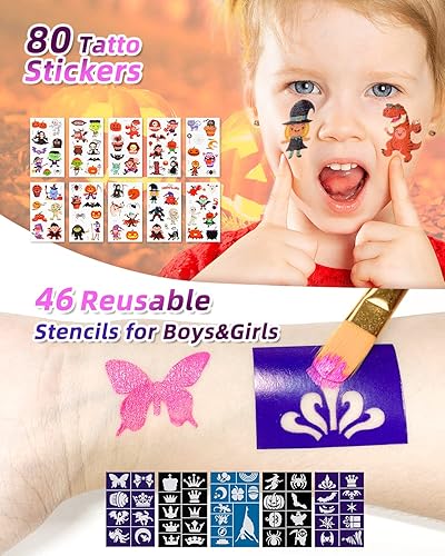 Miniatura 5 de Fantastory Kit de pintura facial de 158 piezas  20 colores con purpurina, plantillas, tizas para el cabello, calcomanías de tatuaje, pinceles,