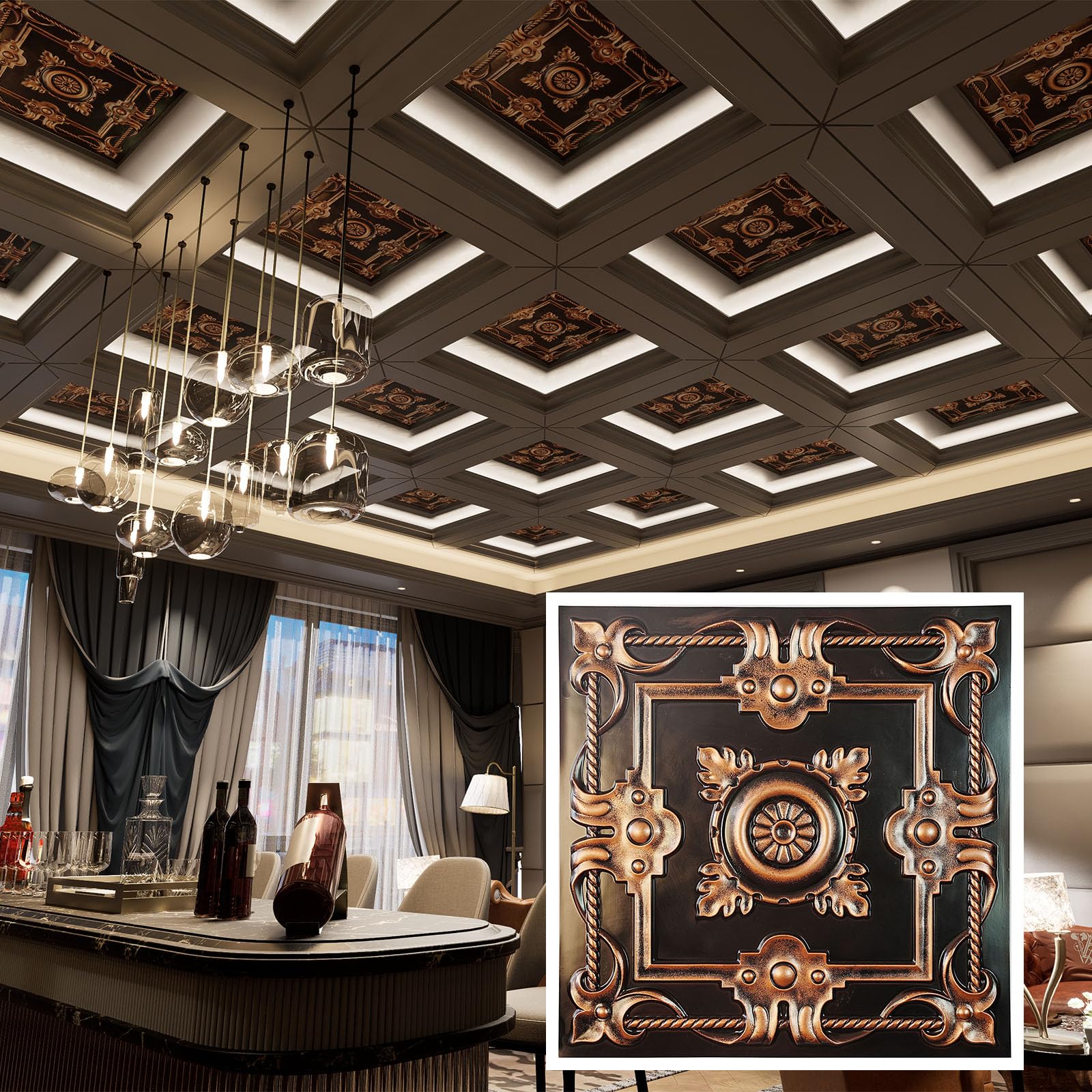 Paintsdecor Traditonal Copper Glue Up Painted Ceiling Tiles, Easy To Install Pvc Panels, (10-Pack,40 Sq.ft) Wall Decor For Bar Cafe Club Pl29 10Piece (Traditonal Copper)