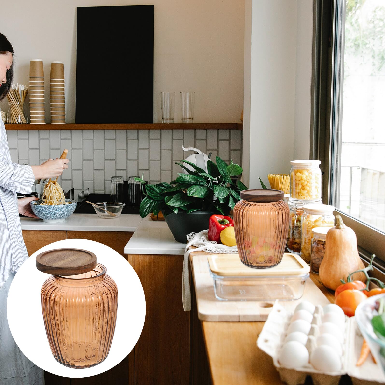 FRCOLOR Barattolo Porta Caramelle in Vetro da 2200ml con Coperchio in Legno di Acacia, Contenitore Ermetico Trasparente per Alimenti e Spezie, per Cucina Domestica