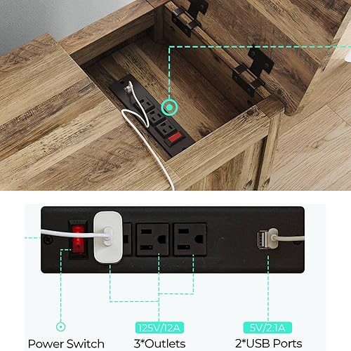 Miniatura 6 de LINSY HOME Juego de 2 mesas auxiliares con estación de carga, mesa auxiliar moderna de estilo granja para sofá, mesa auxiliar de madera para Marrón