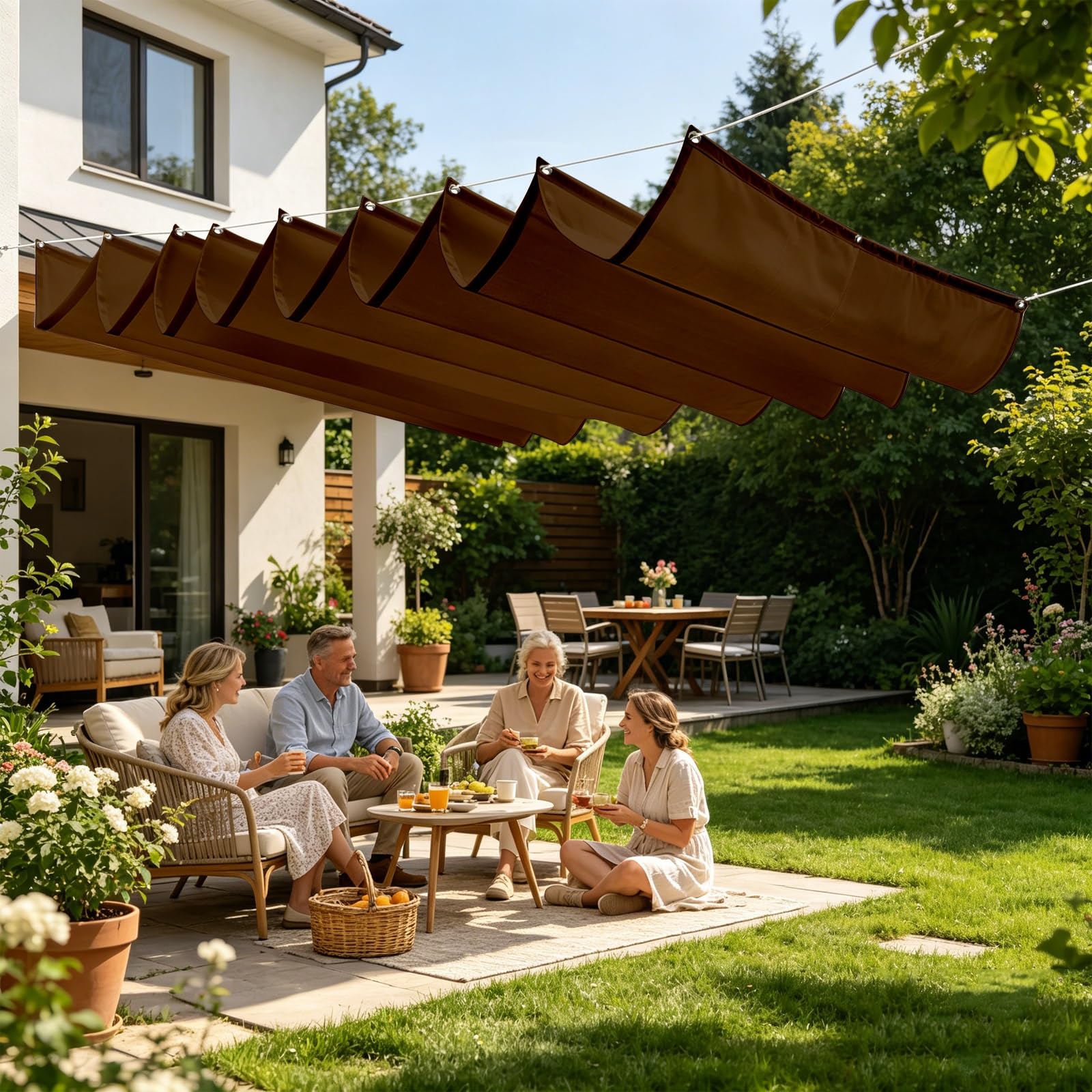 Toldo Retráctil de Onda 100 x 1250 cm con Ojales y Cuerda, Vela Sombra Impermeable y Rectangular con Bloqueo UV y Resistencia a Desgarros para Jardín Porche Patio Barbacoa, Marrón