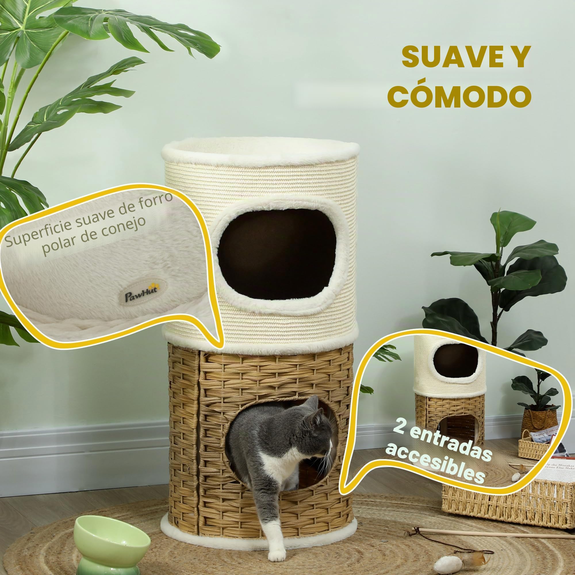 PawHut Barril rascador de 80 cm de alto, 40 cm de diámetro, 3 pisos, con borde de felpa, cueva para gatos, árbol rascador para gatos medianos, color crema y marrón