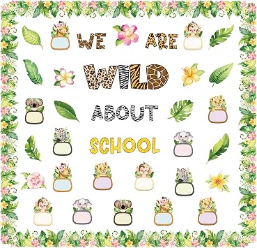 Harloon 81 Pcs Boho Animal Bulletin Boards زينة الفصول الصيفية مجموعة Jungle Animals Safari Cutouts Wild About School Welcome Bulletin Board for Teachers Preschool Kindergarten Elementary School