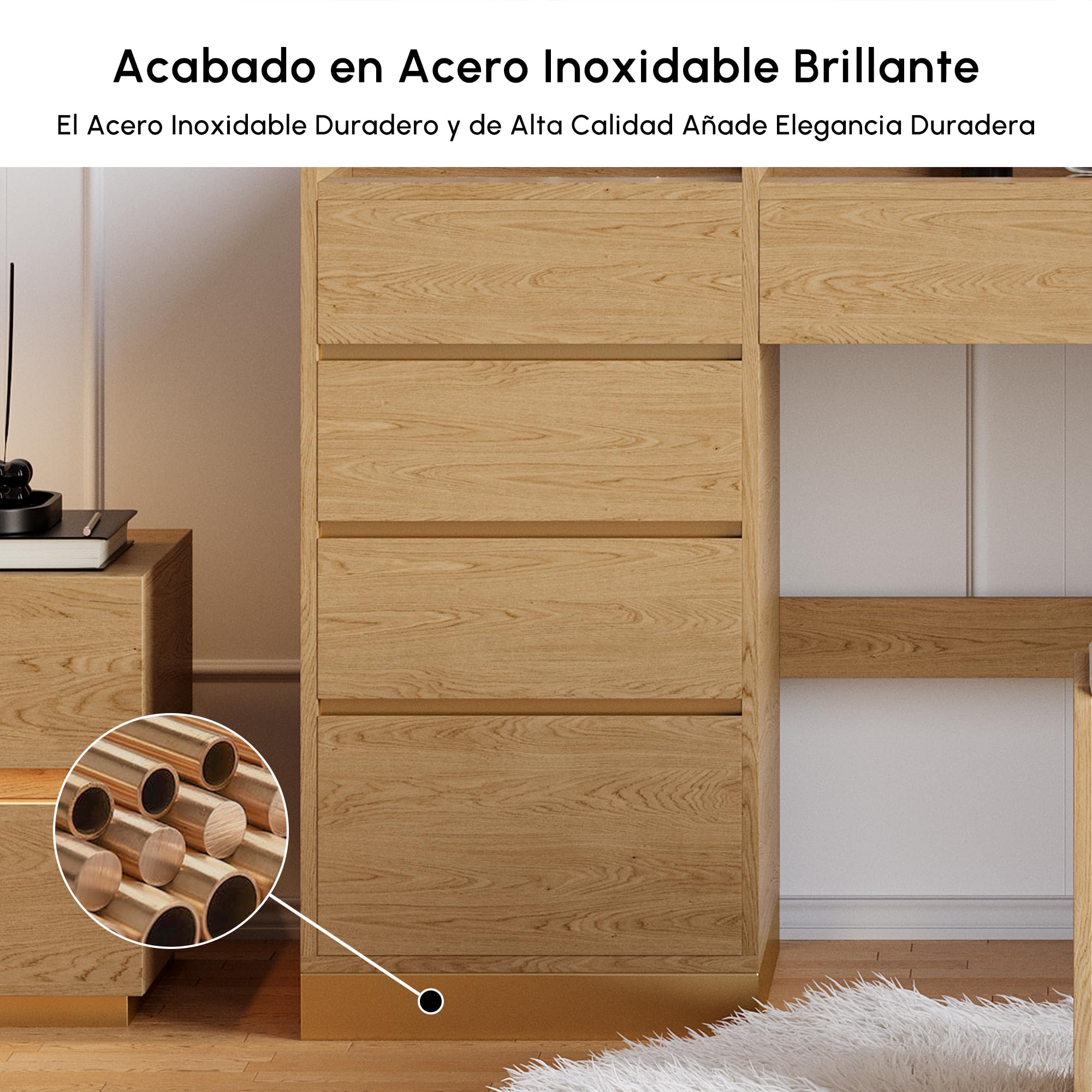 Homary Tocador de Maquillaje 140 cm con Taburete, Tocador de Maquillaje Moderno con Espejo LED, Mesa de Cristal con USB y Joyero con LED Luz, Natural