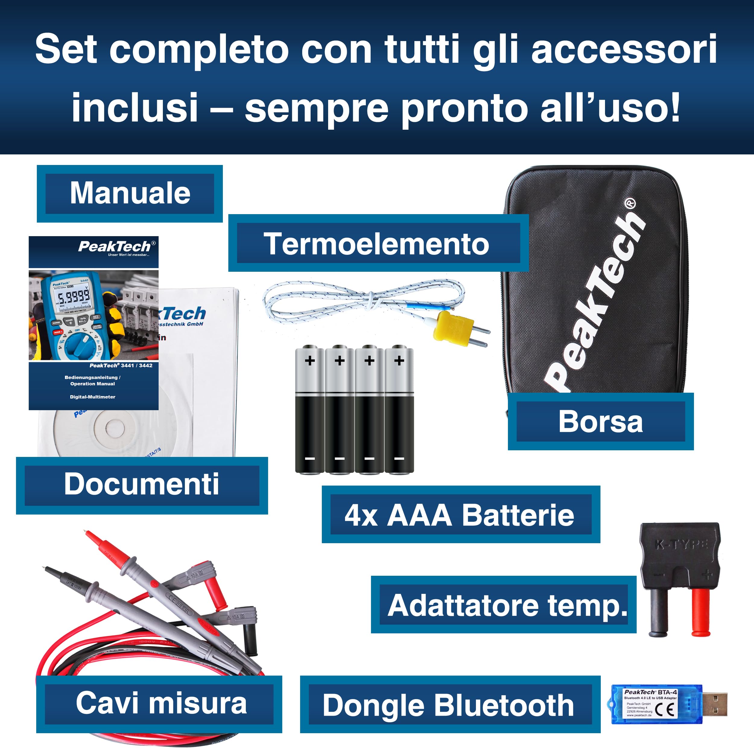 PeakTech 3442 – Multimetro digitale True RMS, con 60.000 conteggi e Bluetooth 4.0, Multimetro portatile professionale, Auto-Hold, TÜV/GS, Voltmetro, Tester di continuità - CAT III 1000V