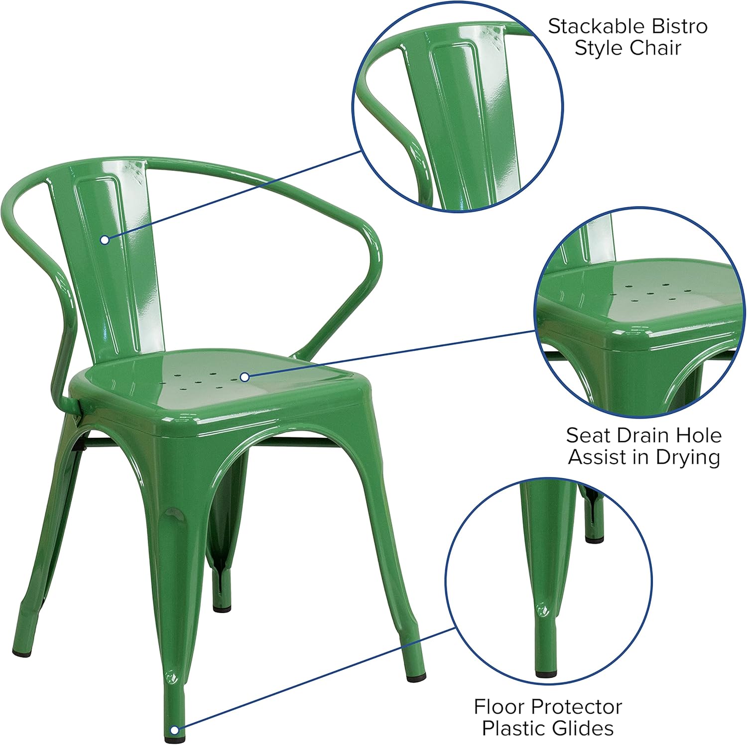 EMMA + OLIVER 4 Pack Green Metal Indoor-Outdoor Chair with Arms - Restaurant Furniture
