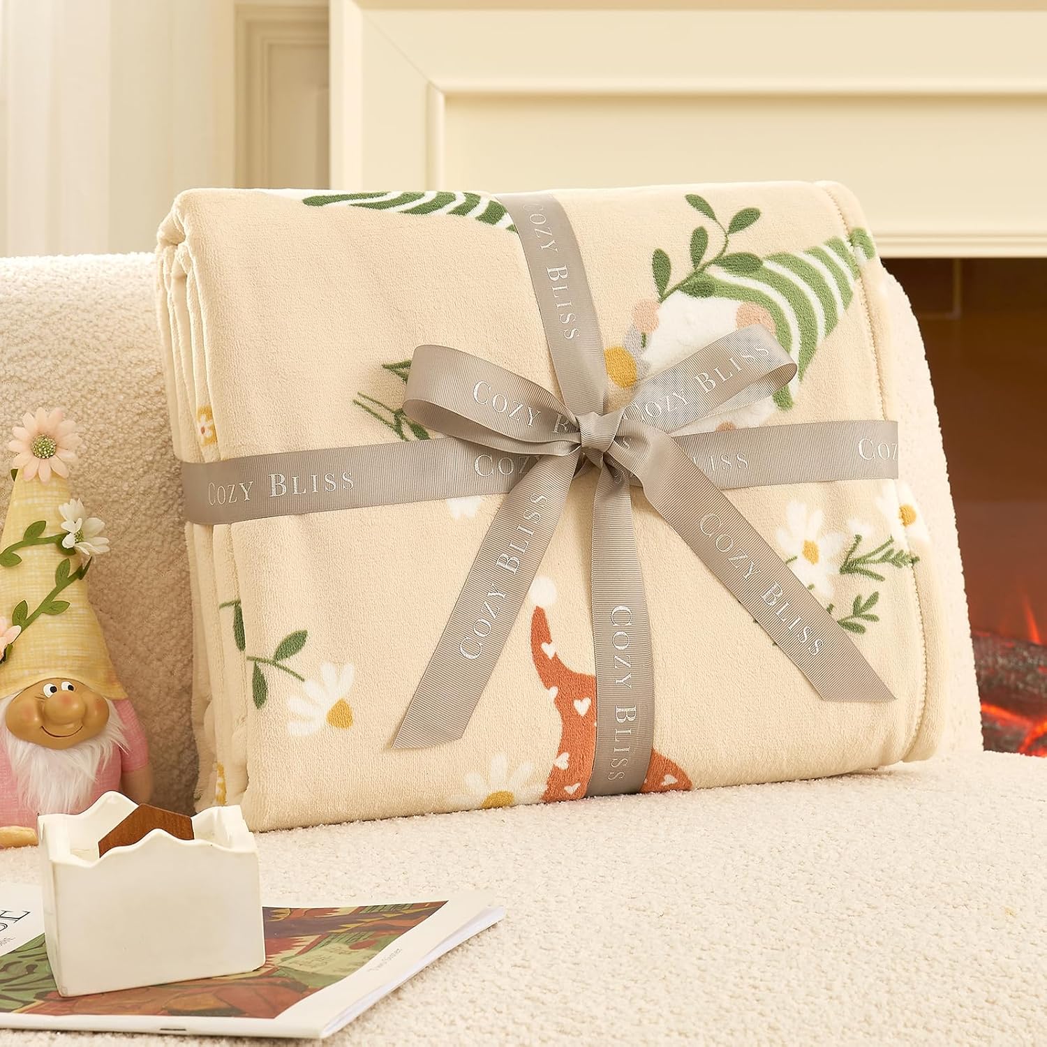 Cozy Bliss Gnome Spring Throw Blanket - Garden Daisy Floral Design, Warm MilkyPlush Throw Blankets, Ultra Soft Cozy Blankets for Couch, Sofa and Bed, Beige, 50X60inches - Image 5
