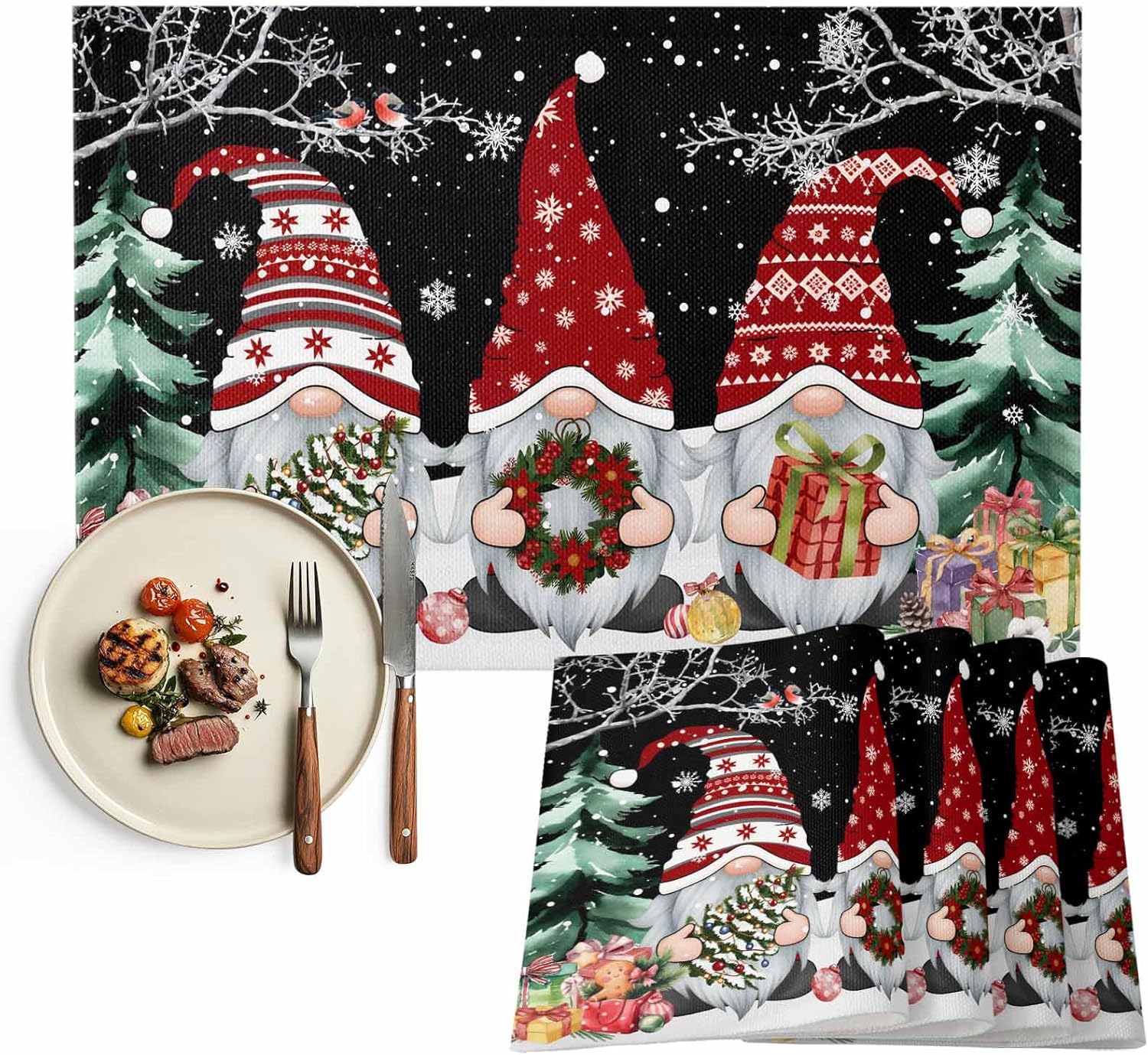 Christmas Winter Black 1 Placemats Set of 6, Washable Cotton Linen Table Mats for Kitchen Dining Table, Heat Insulation Place Mats for Indoor Outdoor Parties, Holiday Decorations