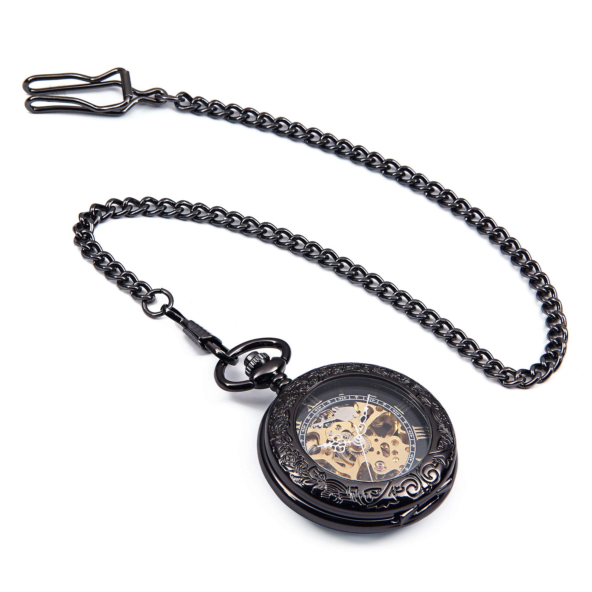 Steampunk Vintage Roman Litery Design Case Mechaniczny zegarek kieszonkowy z łańcuszkami na prezenty świąteczne, Czarny