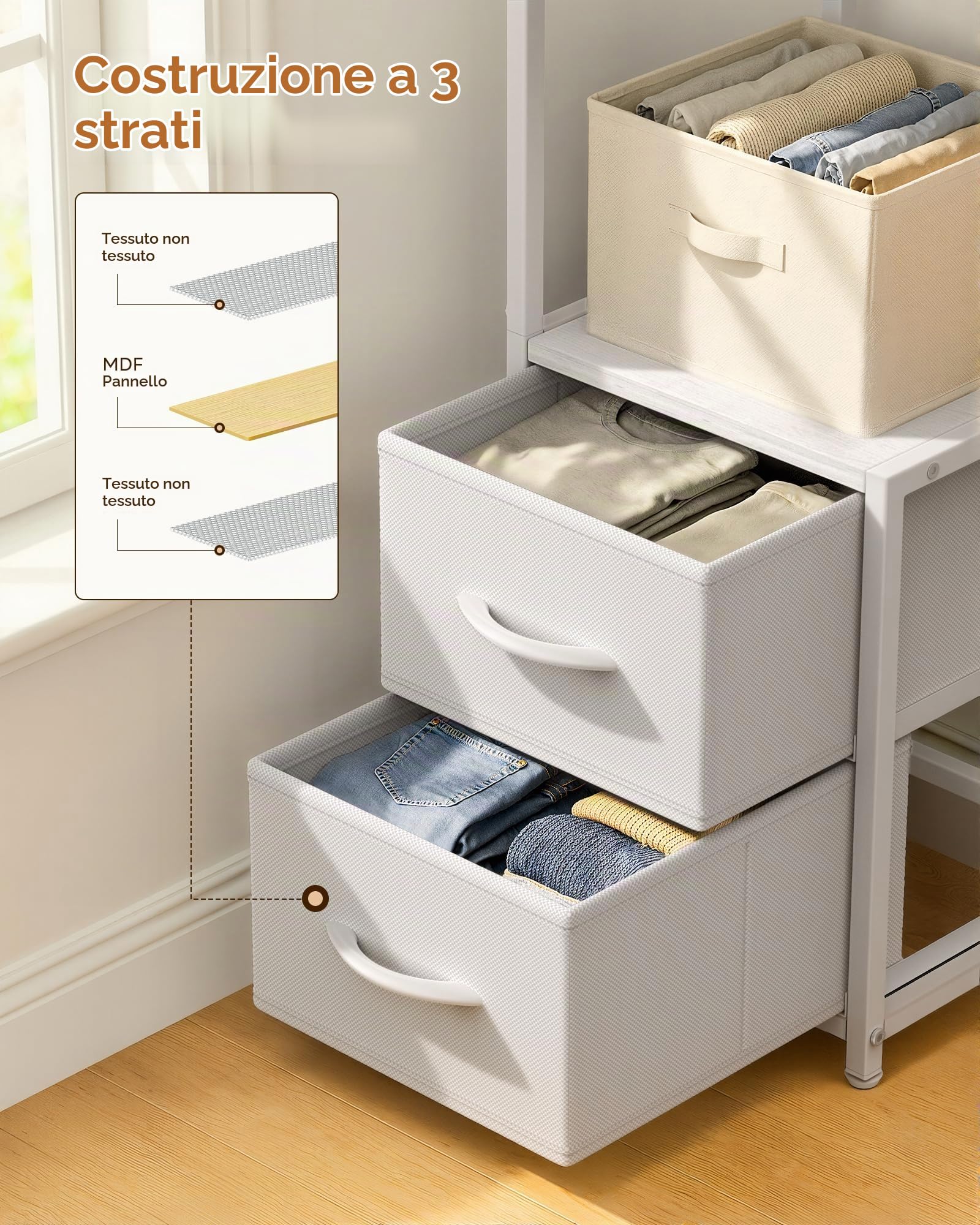 Housolution Scaffale d'Angolo con Portaoggetti, 6 Piani Alto 63,4" con 2 Cassetti di Stoffa, Scaffale d'Angolo Indipendente per Soggiorno Camera da Letto Cucina Bagno (Bianco)