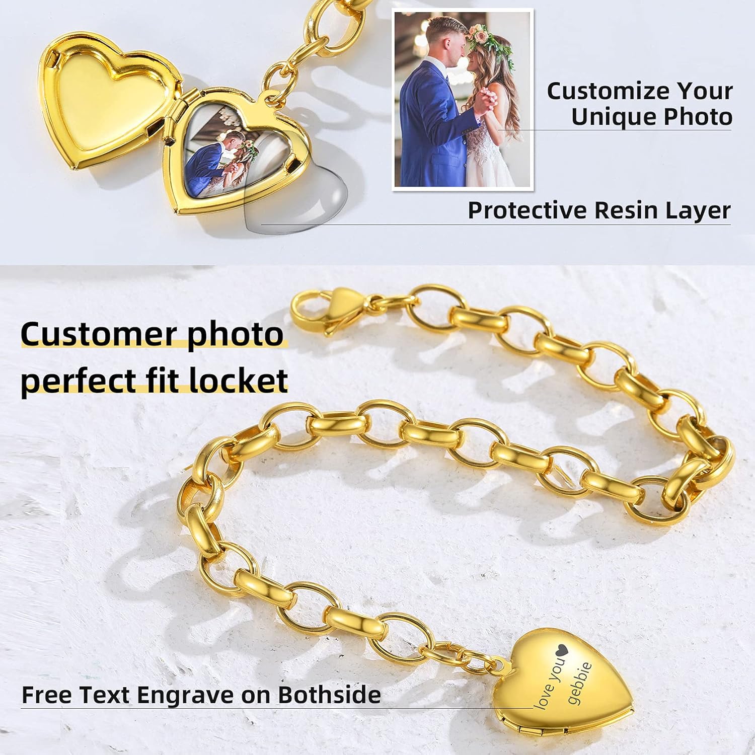 GoldChic JEWELRY Personalized Heart Bracelet That Holds Pictures for Women, Stainless Steel Custom Adjustable Link Locket Bracelets in Gold/Black Customized Gifts for Mother Wife Loved One - Image 5