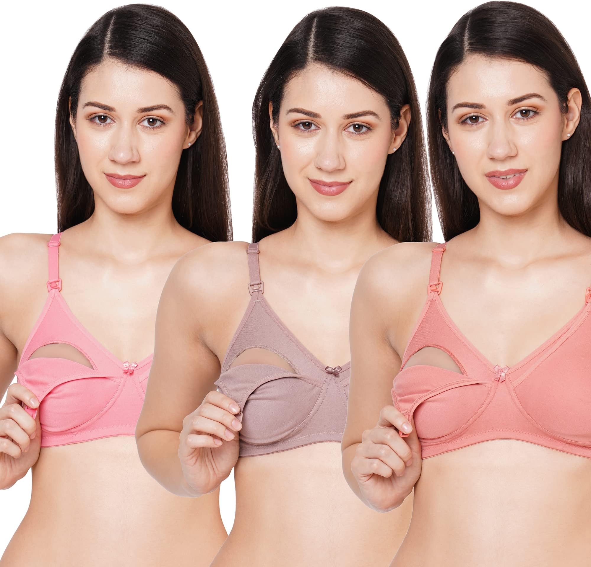 MomToBe Women's Cotton Multicolor Full Cup Non Padded Feeding Bra/Nursing Bra/Maternity Bra Combo - Pack of 3