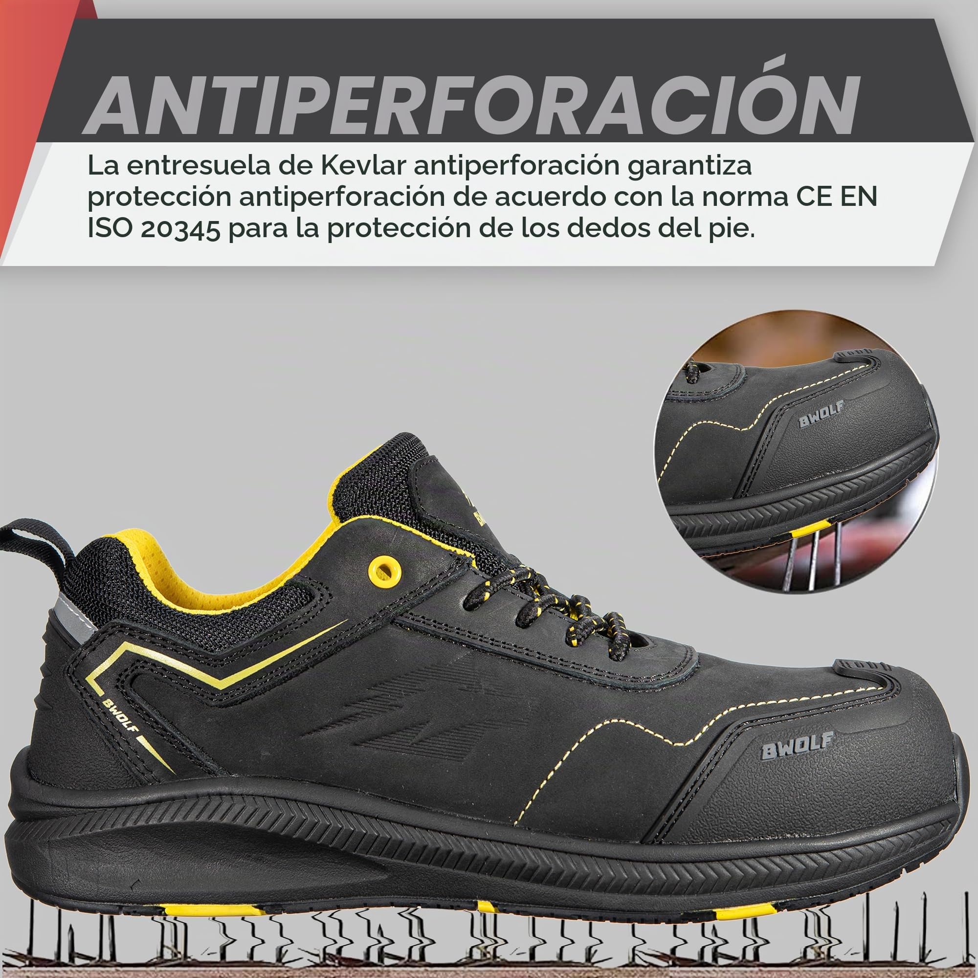 BWOLF Phoenix S3S Zapatos de trabajo para hombre S3 zapatos de seguridad para hombre S3 Nabuk impermeables, antideslizantes 4 x 4 Grip Tech, suela Ergo