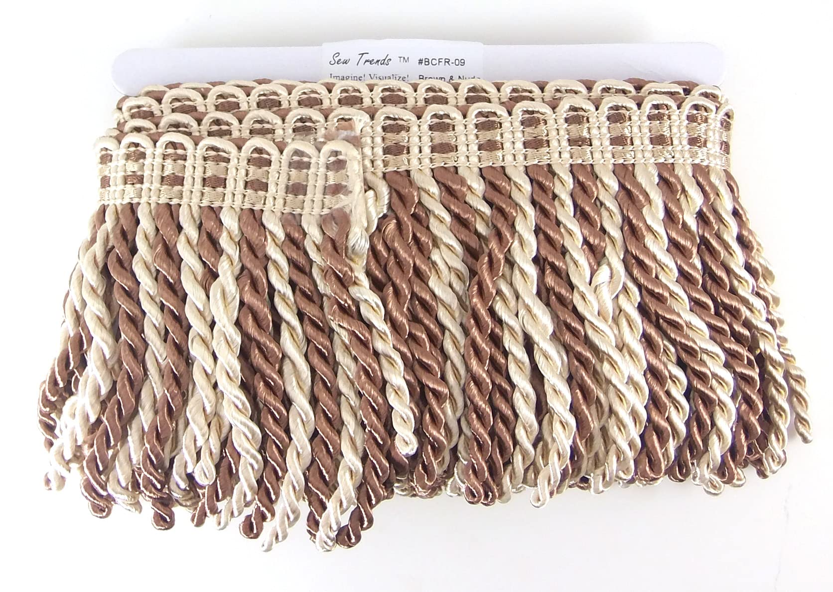 SEW TRENDS 5 Yards of 4.3" Long Bullion Fringe Tassel Twisted Cord Braid Trim Two Tonal Color Fringe Sewing, Drapery- Brown & Nude Combo