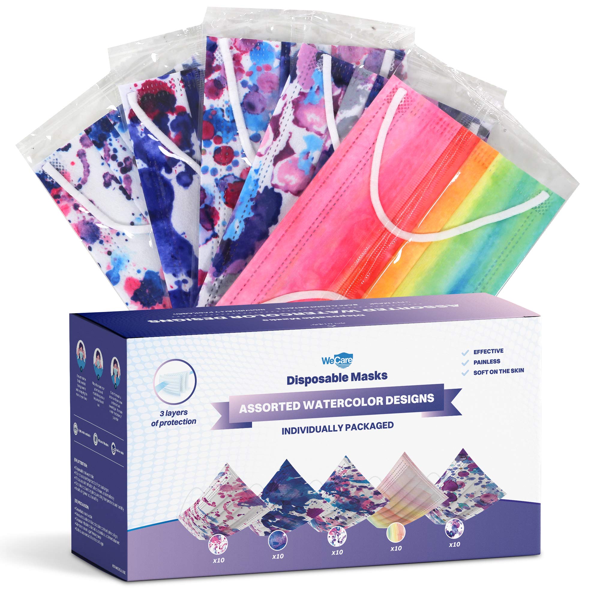 WECAREDisposable Face Mask Individually Wrapped - 50 Pack, Colored Face Masks