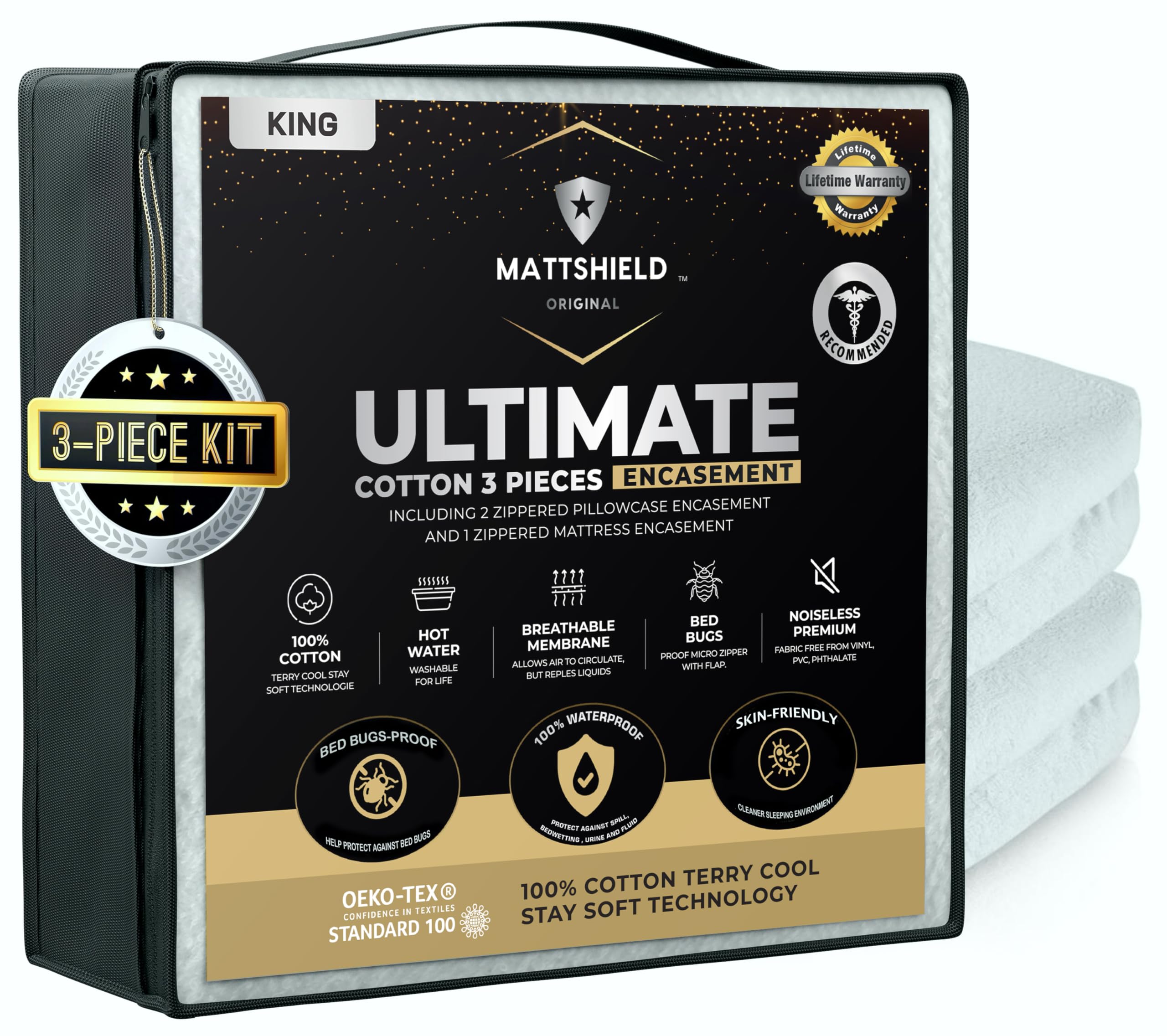 MATTSHIELD - Kit da 3 pezzi – Coprimaterasso a prova di cimici per letto king size 100% cotone + 2 federe con cerniera – rivestimento impermeabile su 6 lati, migliore difesa contro le cimici dei letti