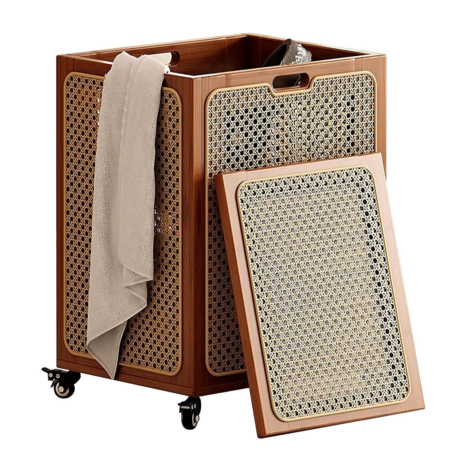 Großer Wäschekorb mit Rollen und Deckel Multifunktionaler Wäschesammler Atmungsaktiv und Komfortabel Wäschewagen für Badezimmer, Waschküchen, Wohnzimmer, Schlafzimmer(Brown)