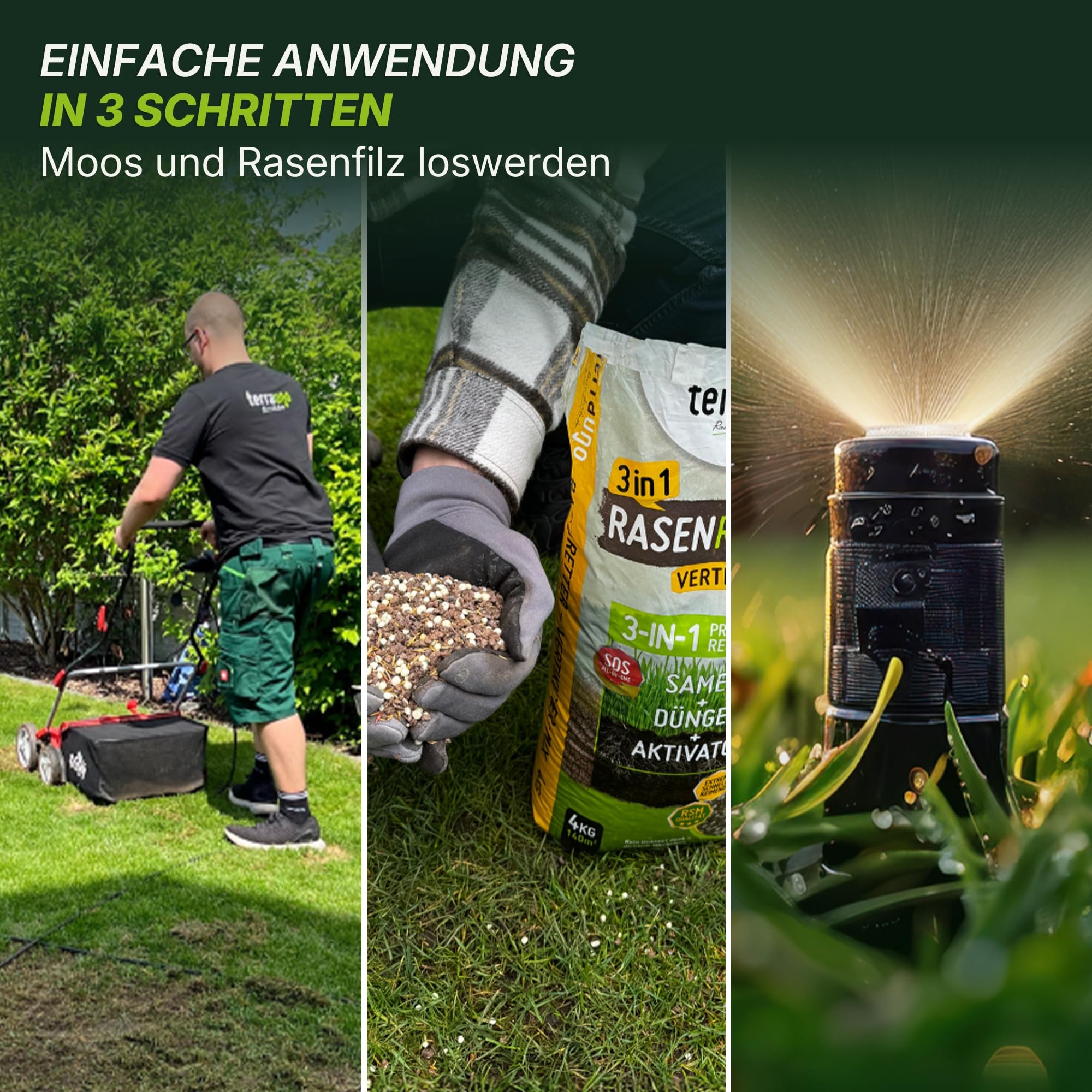 Terrauno - "Rasenretter" Vertikutiermix I 4 kg für 140 m² I Rasendünger, Rasensamen & Bodenaktivator I 3in1 Rasenreparaturmischung I Rasendünger Frühjahr mit Grassamen gegen kahle Stellen I Nachsaat