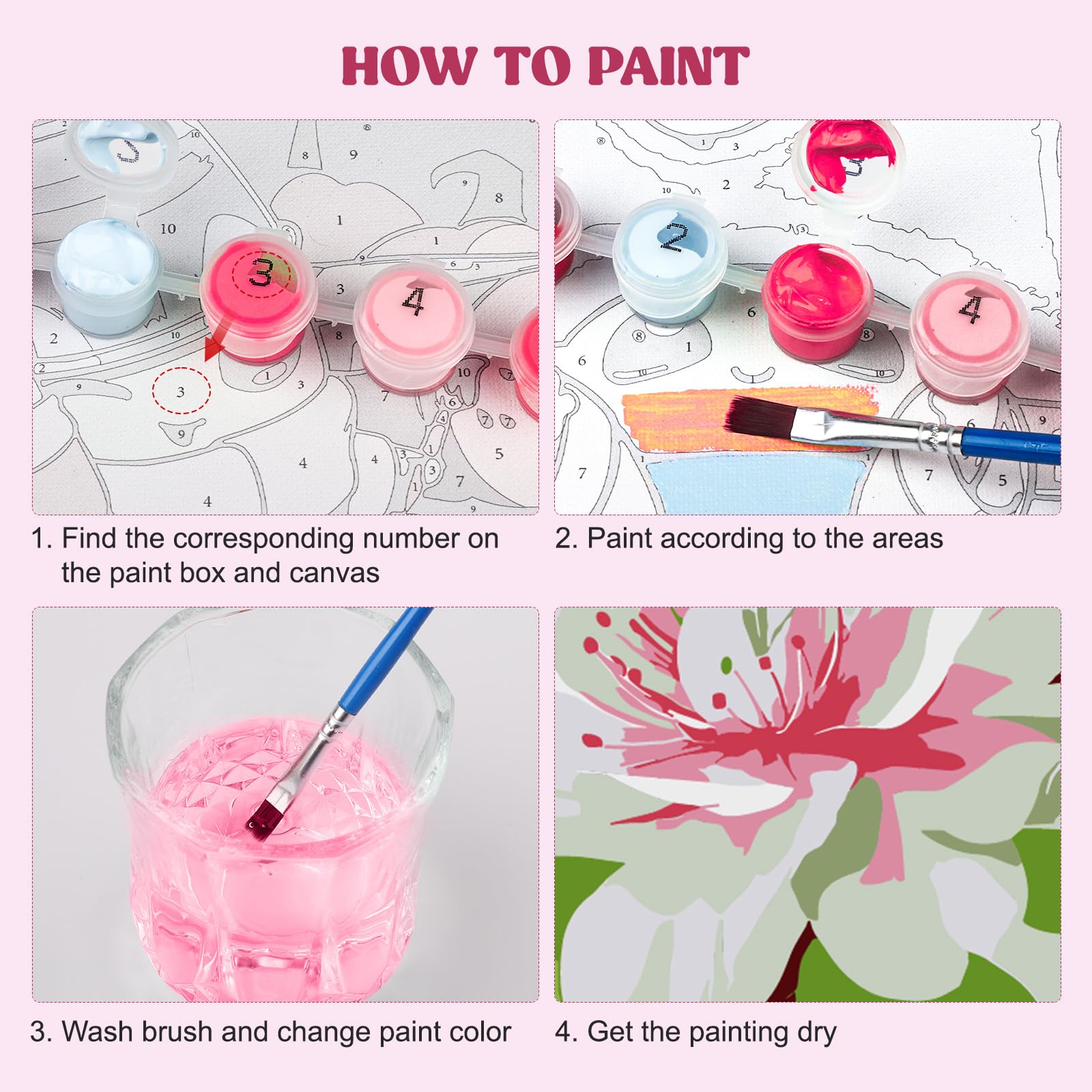 MXJSUA Schilderen Op Nummer Set – 4 Ingelijste Doeken 20x20 Cm Met Magnolia's, Compleet Met Acrylverf, Penselen En Ophangmateriaal, Voor Kinderen En Volwassenen
