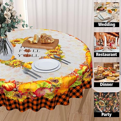 Miniatura 4 de Mantel redondo con diseño de calabaza de otoño de 60 pulgadas, diseño de girasoles de Acción de Gracias, color naranja, a cuadros, lavable,