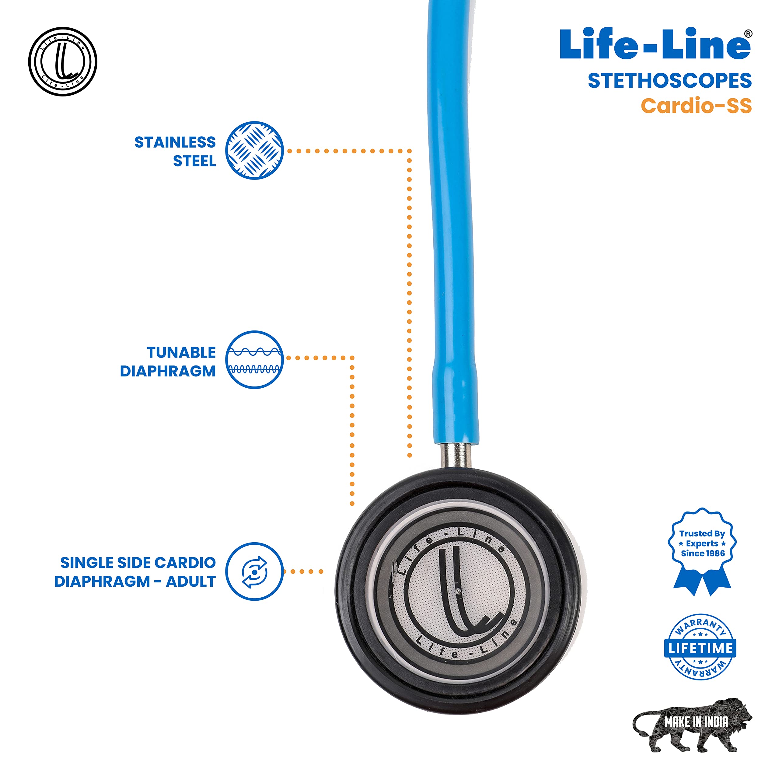 LIFE LINE Cardio SS Stethoscope (Light Blue) | Single Side Diaphragm Stainless Steel Chest Piece for Adult | 2-way Tube | Best for Doctors 1