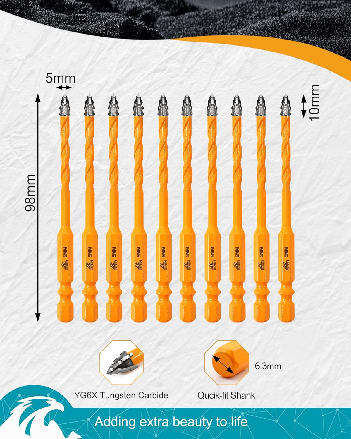 10-Pack Masonry Drill Bits Set 3/16"(5mm), EXFEIN Serrated Drill Bits - Tungsten Carbide Drill Bits for Tile Concrete Wood Plastic Brick Marble
