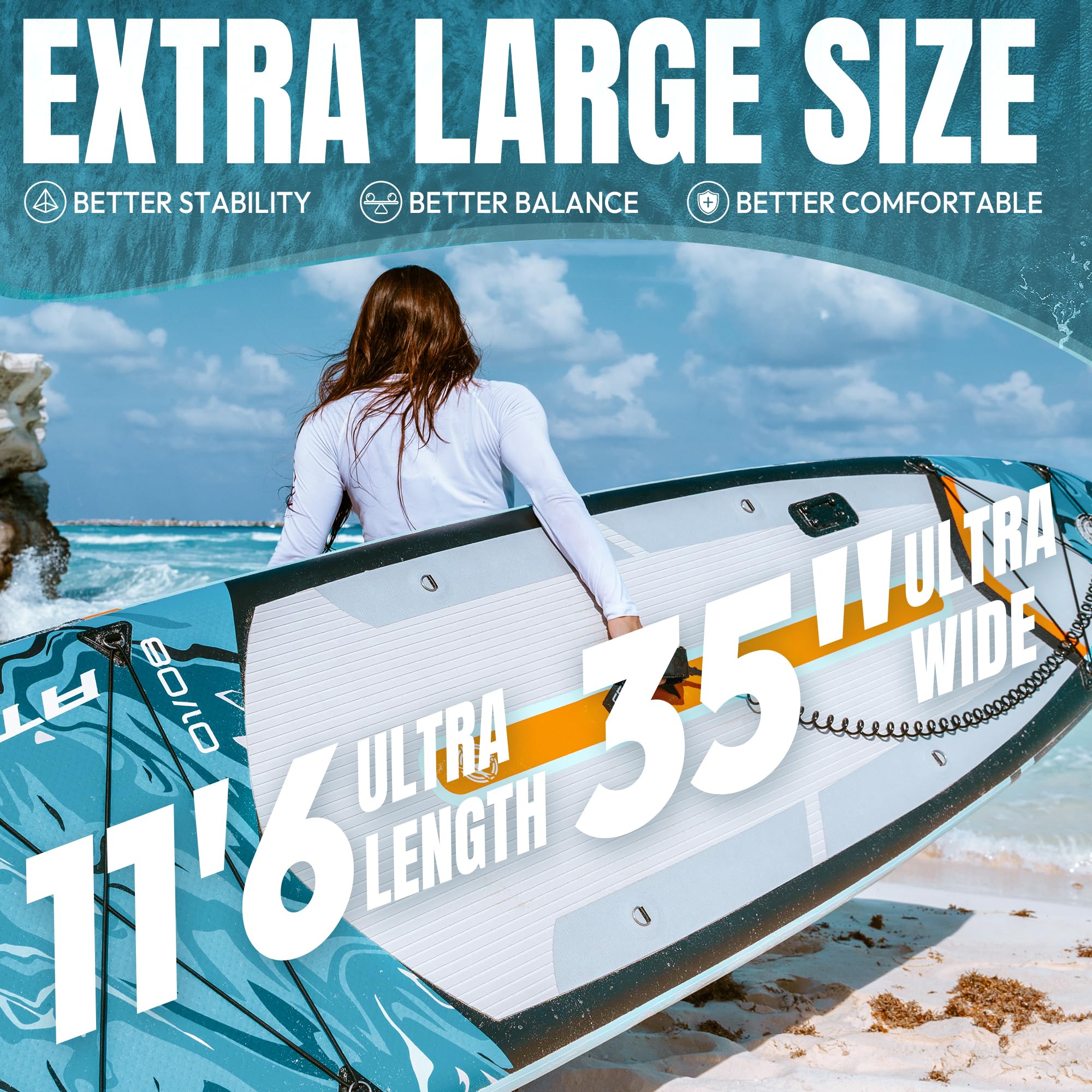 Aufblasbares SUP Board 350 x 89 x 15 cm, bis 240 kg Tragfähigkeit, extra breit für Erwachsene, rutschfeste Standfläche, inkl. Premium SUP Zubehörset & Rucksack,ideal für Yoga
