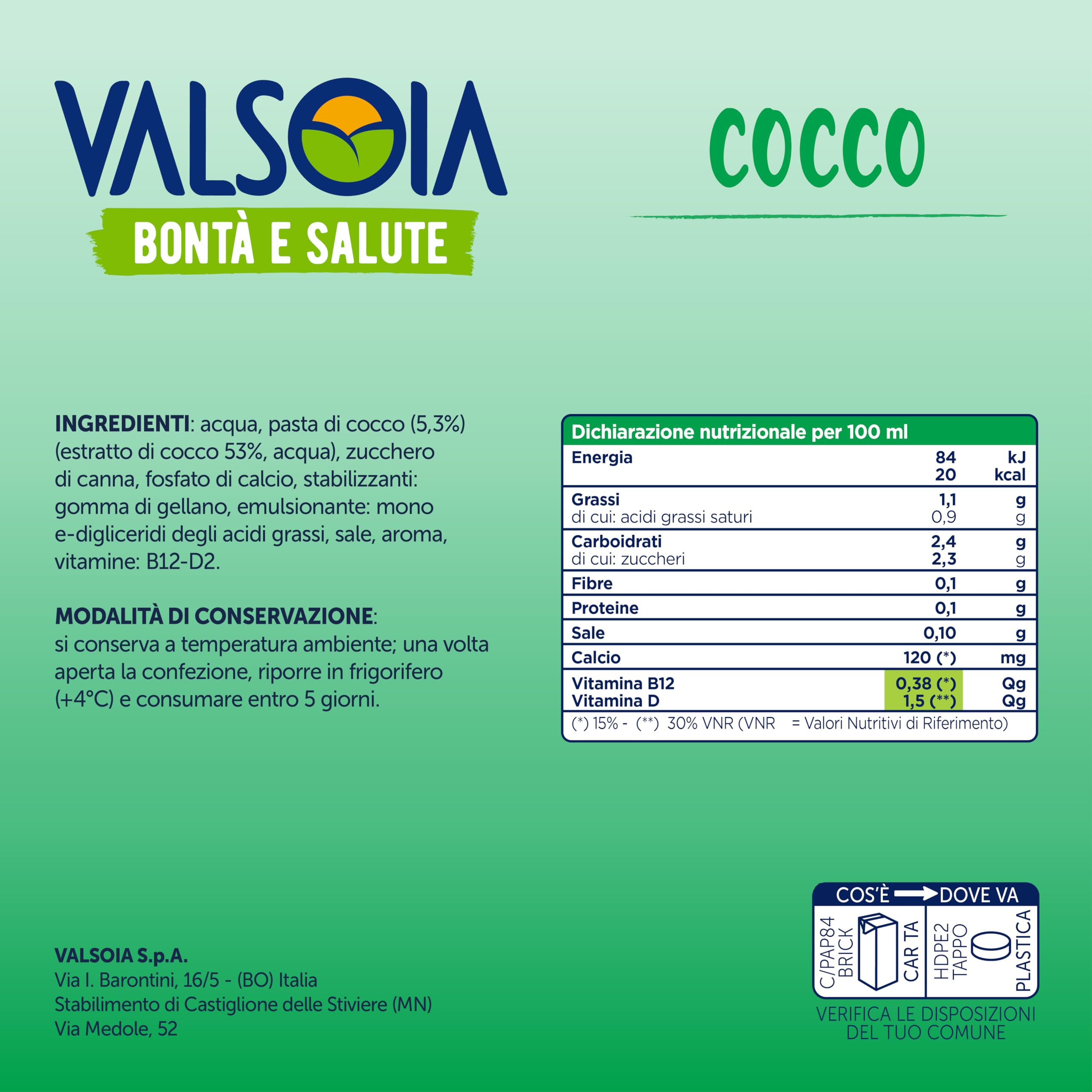Valsoia - Bevanda Cocco Drink, Box da 10 Tetra Brik Asettico da 1000 ml, 100% Vegetale, Senza Lattosio, con Calcio e Vitamine, Ideale anche per Vegani, Vegetariani e Celiaci
