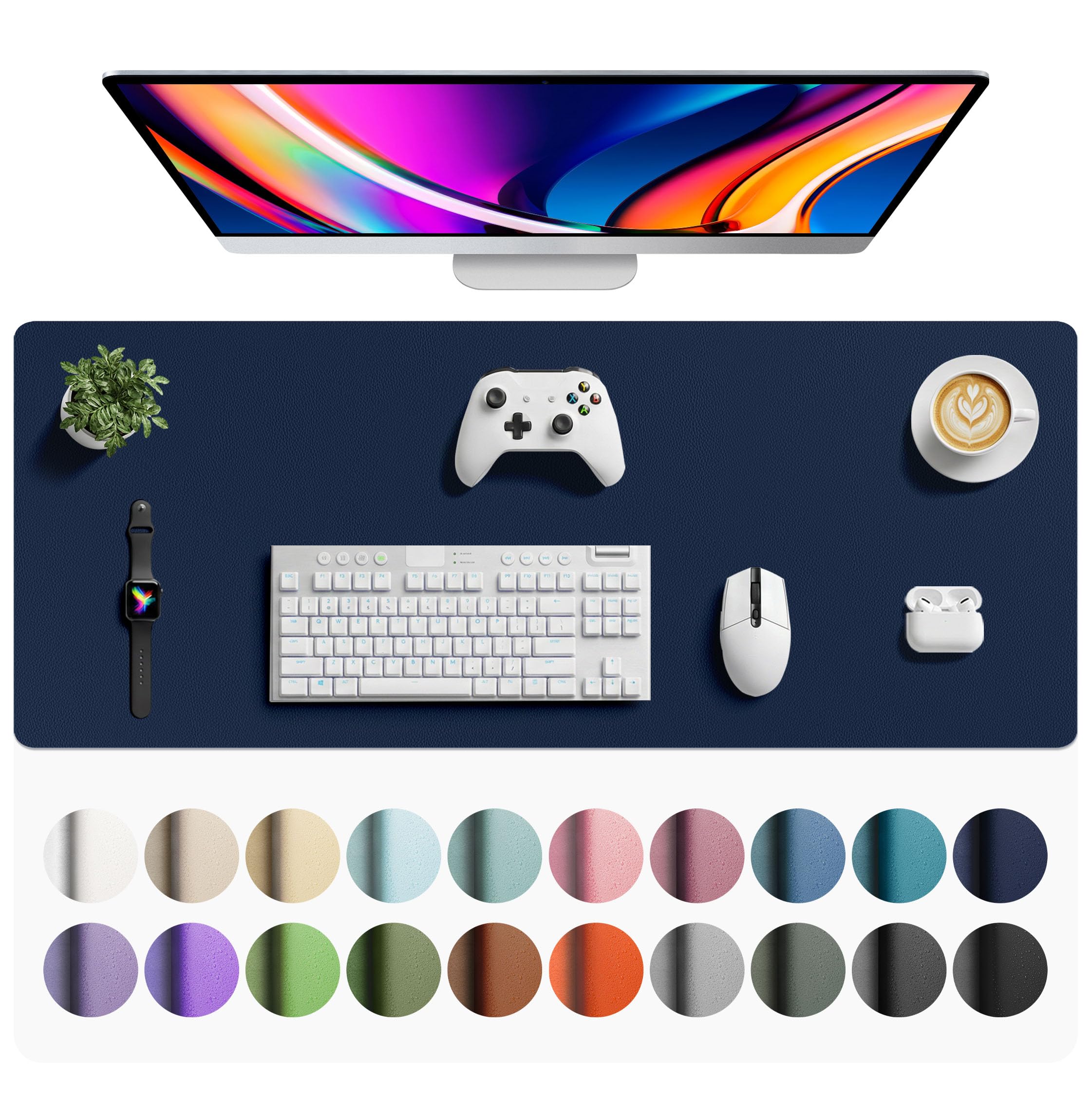 Aothia Faux Leather Desk Mat - Large Mouse Pad, Non-Slip PU Leather Blotter, Waterproof Writing Surface for Office and Home (Dark Blue, 42" x 17")