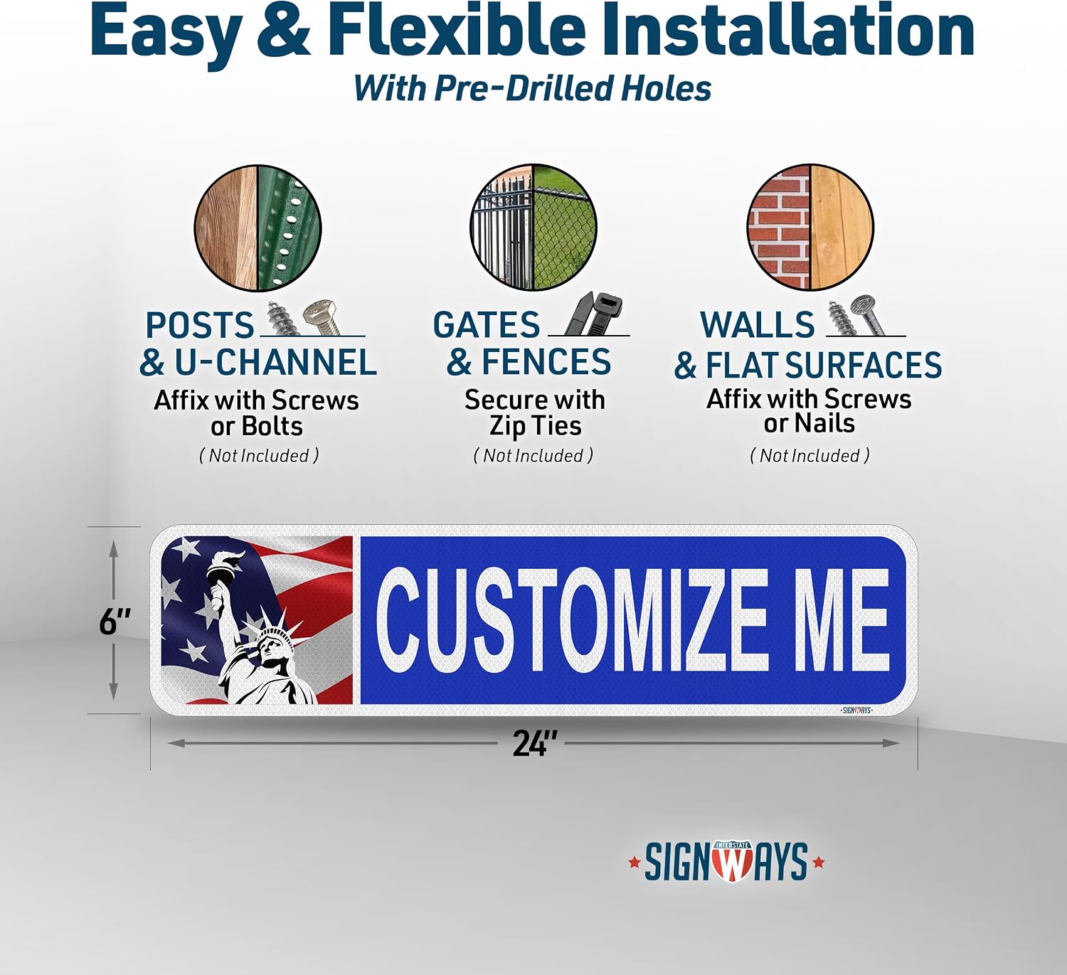 Street Signs Customized Liberty Flag | Custom Street Road Signs | Design Your Personalized Street Sign w Color, Symbol, Font, Words, Single or Double Sided | Heavy-Duty Aluminum 24x6” | Made in USA