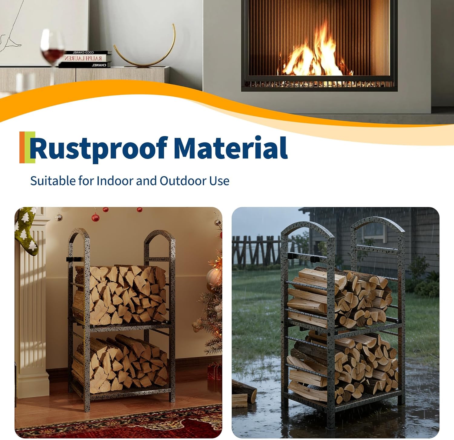 30 Inch High Firewood Rack Outdoor, Indoor Wood Rack for Firewood, Fire Wood Storage with Kindling Hooks, Heavy Duty Metal Logs Racks Storage Organizer for Fireplace Deck Outdoor, Sliver